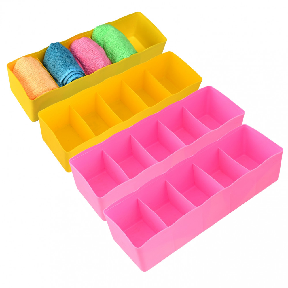 Kuber Industries Drawer Organizer | Plastic Undergarment Organizer for Socks-Ties | Stackable Drawer Divider Box | Closet Storage Box | 5 Grid Stationery Organizer | Pack of 4 | Multi