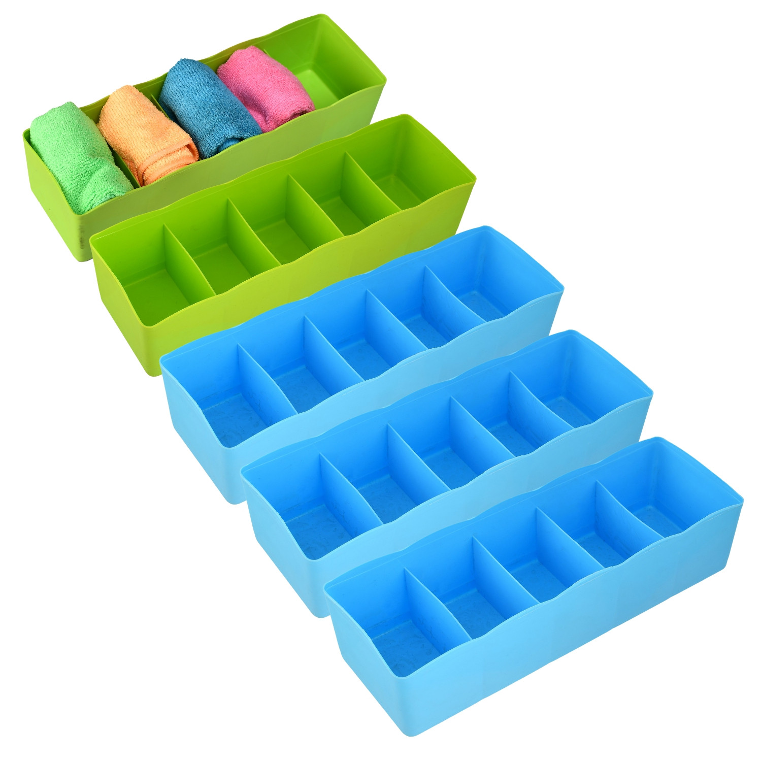 Kuber Industries Drawer Organizer | Plastic Undergarment Organizer for Socks-Ties | Stackable Drawer Divider Box | Closet Storage Box | 5 Grid Stationery Organizer | Pack of 5 | Multi