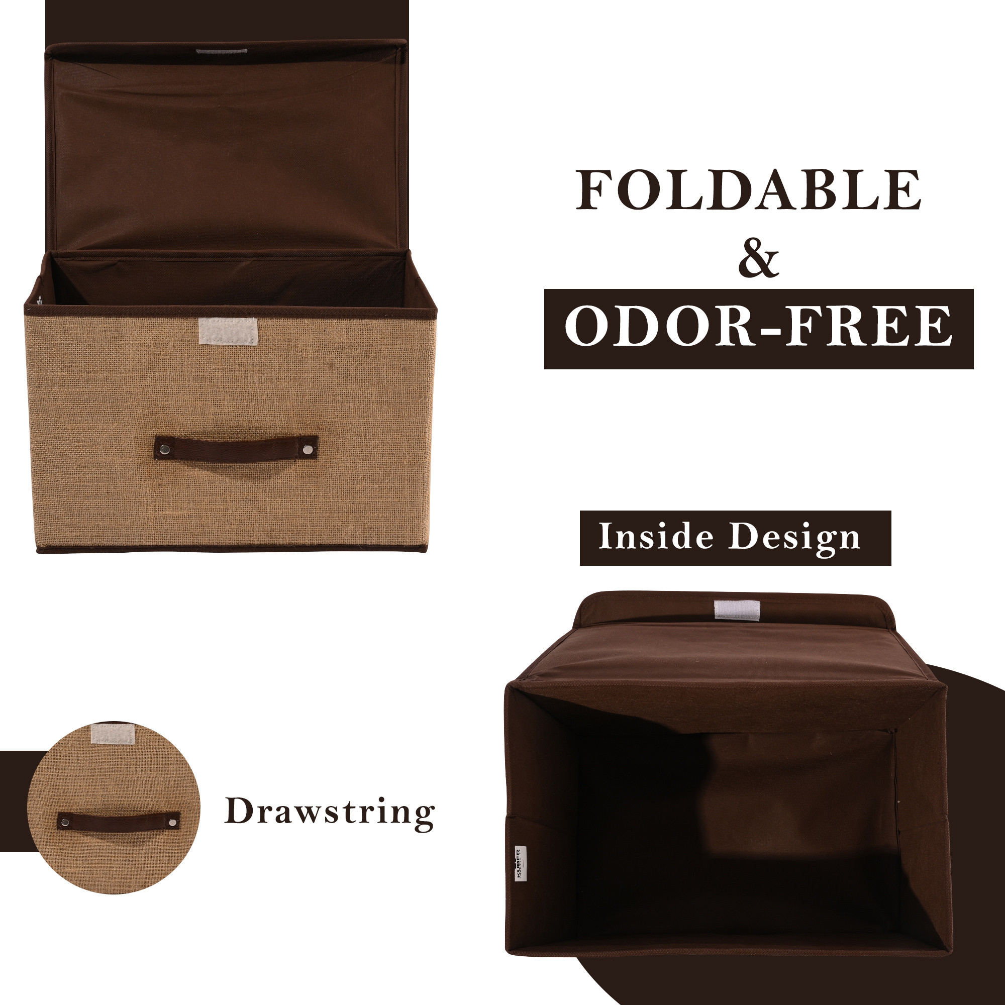 Kuber Industries Drawer Organizer  Small  Foldable Clothes Storage Box  Clothes Organiser for Wardrobe  Lid  Handle  Jute Fabric  Cloth Organizer  Cupboard Organizer  Brown