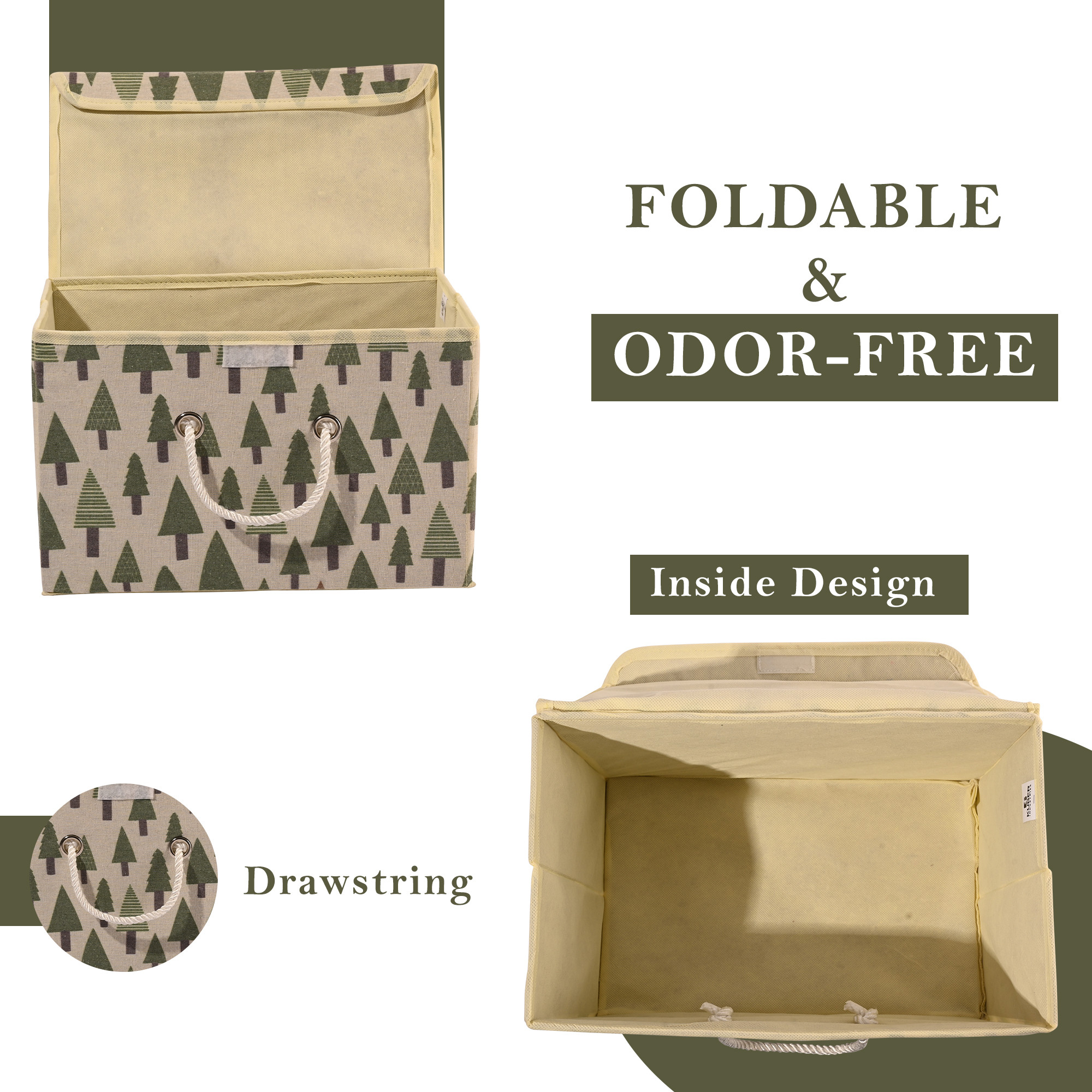 Kuber Industries Drawer Organizer  Small  Foldable Storage Box  Cotton Clothes Organiser for Wardrobe  Lid  Handle  Tree-Print  Cloth Organizer  Cupboard Organizer  Cream