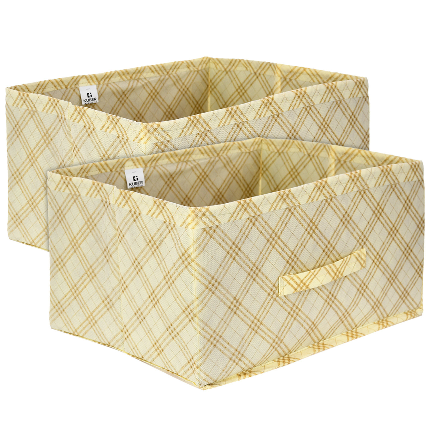 Kuber Industries Drawer Storage Box | Check Drawer Storage Box | Non Woven Clothes Organizer For Toys | Storage Box for Books | Storage Box with Handle | Cream