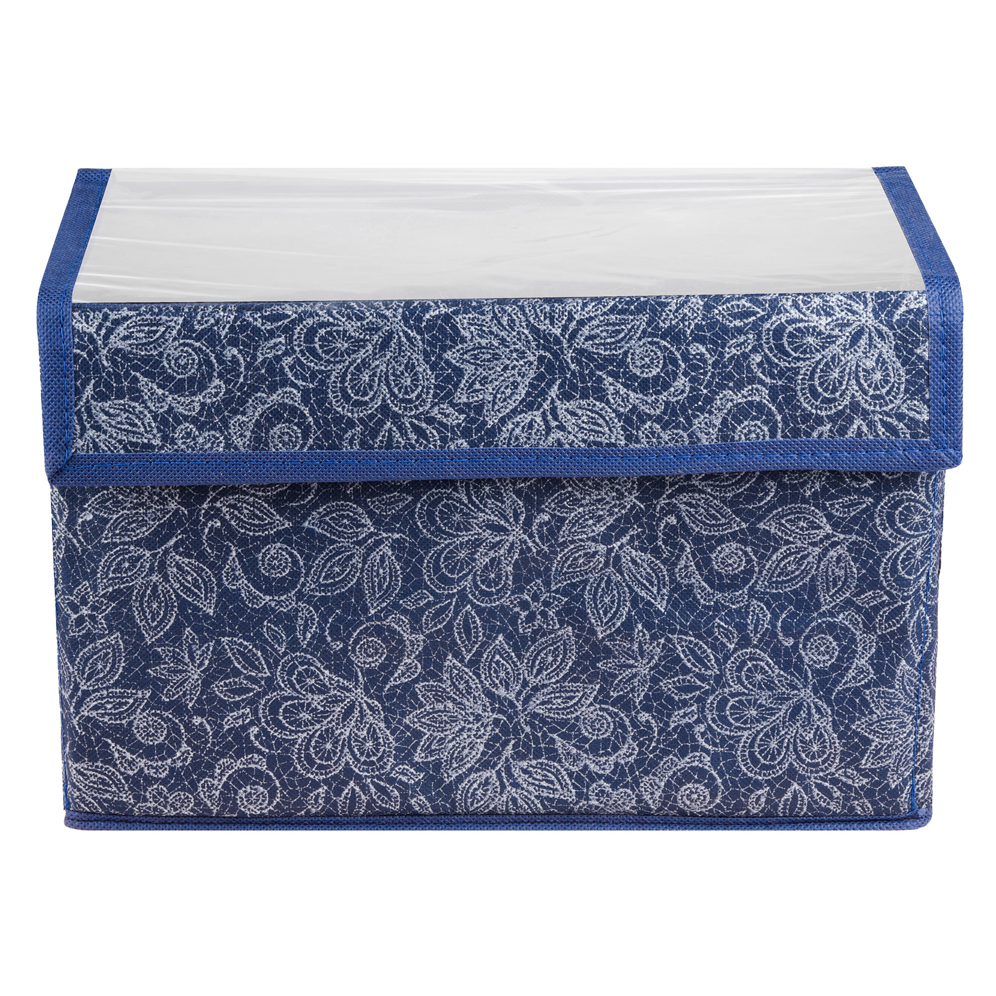 Kuber Industries Drawer Storage Box  Clothes Drawer Organizer with Handle  Transparent Lid with Velcro  Wardrobe Organizer for Books  Flower Printed Dhakkan Storage Box  Large  Navy Blue
