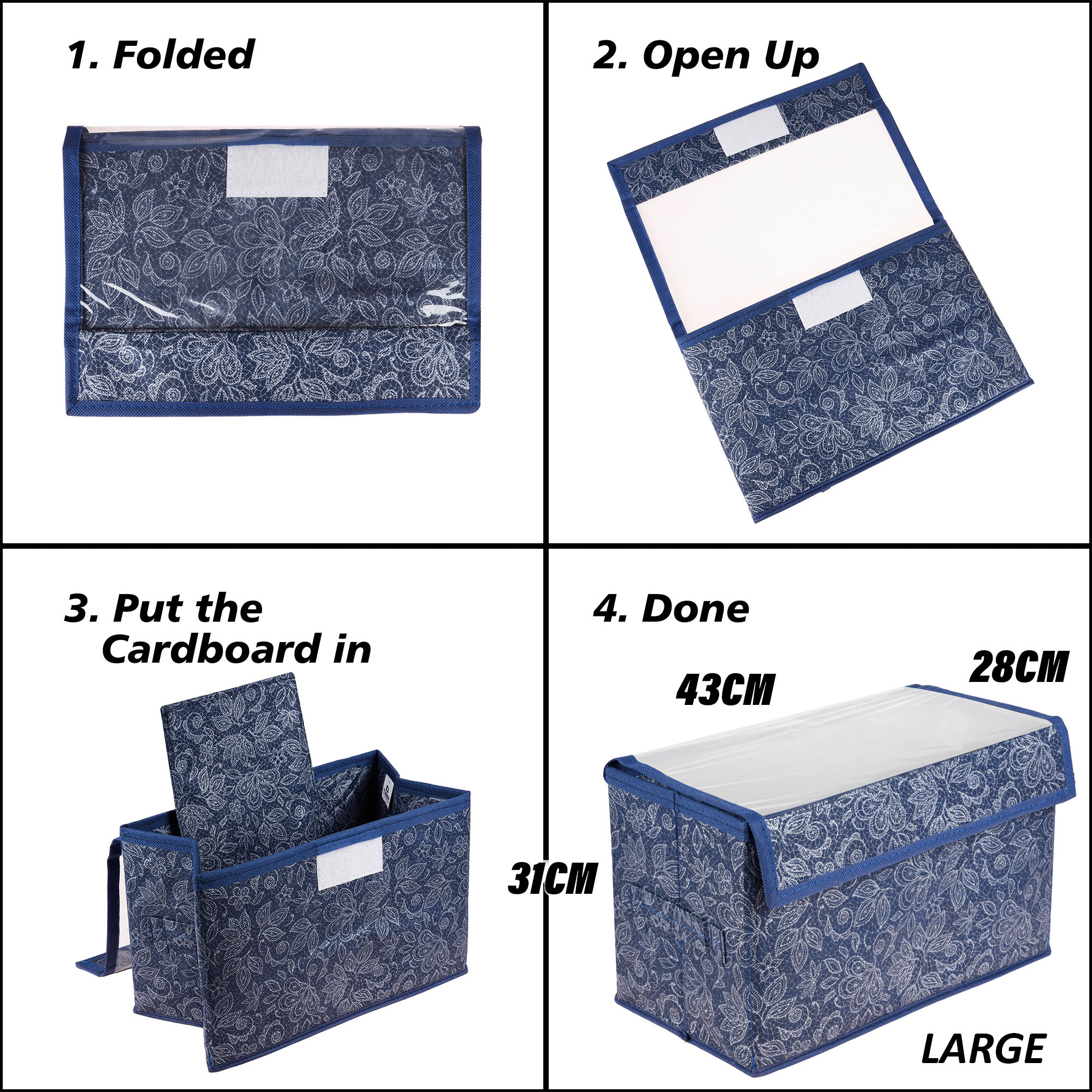 Kuber Industries Drawer Storage Box  Clothes Drawer Organizer with Handle  Transparent Lid with Velcro  Wardrobe Organizer for Books  Flower Printed Dhakkan Storage Box  Large  Navy Blue