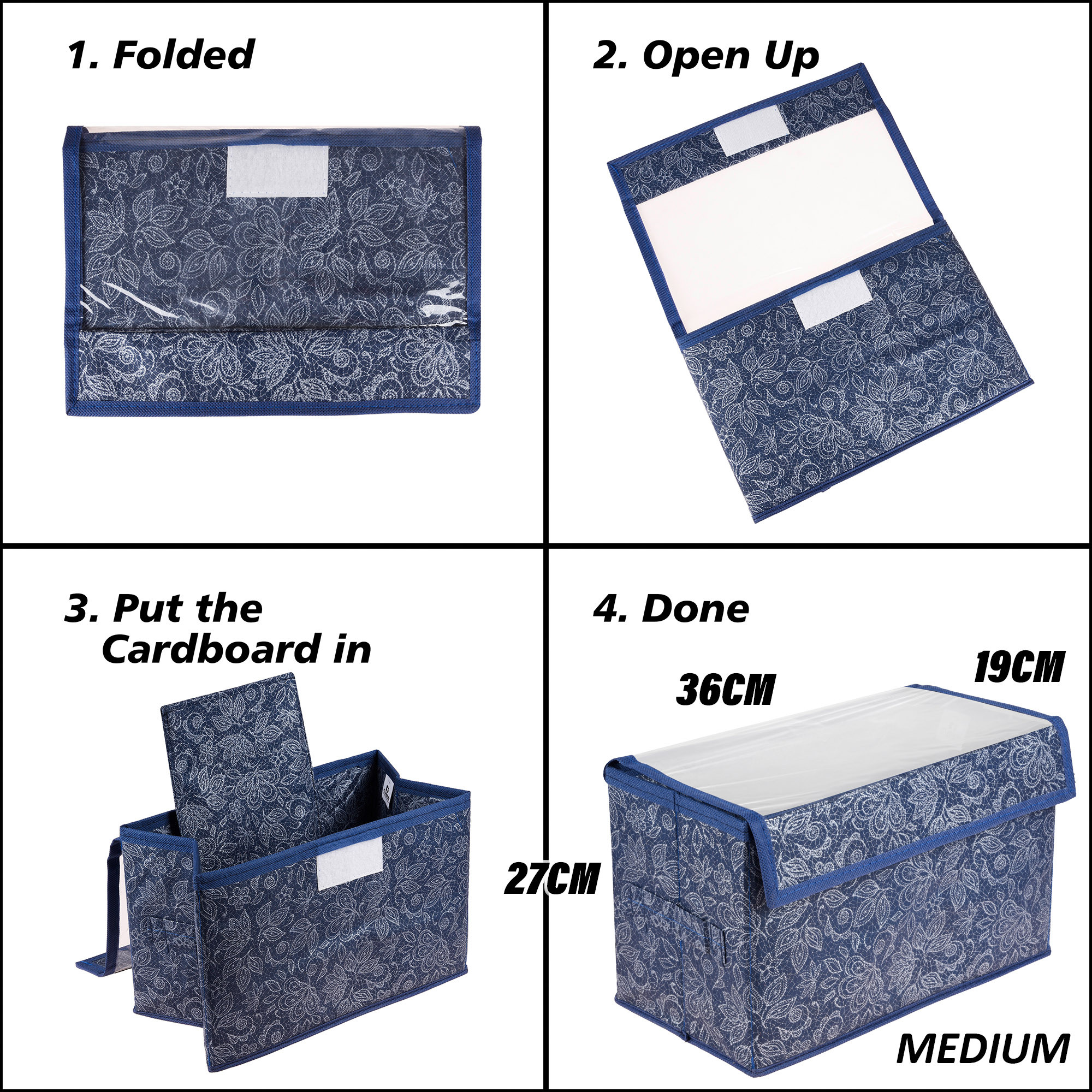 Kuber Industries Drawer Storage Box  Clothes Drawer Organizer with Handle  Transparent Lid with Velcro  Wardrobe Organizer for Books  Flower Printed Dhakkan Storage Box  Medium  Navy Blue