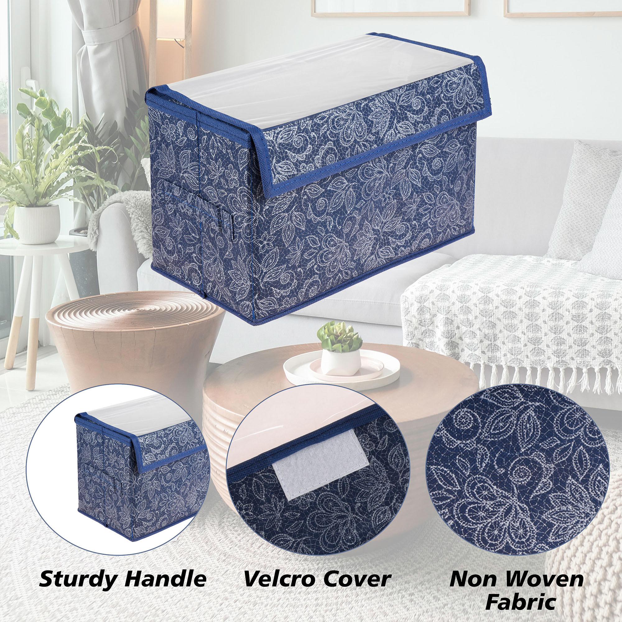 Kuber Industries Drawer Storage Box  Clothes Drawer Organizer with Handle  Transparent Lid with Velcro  Wardrobe Organizer for Books  Flower Printed Dhakkan Storage Box  Medium  Navy Blue