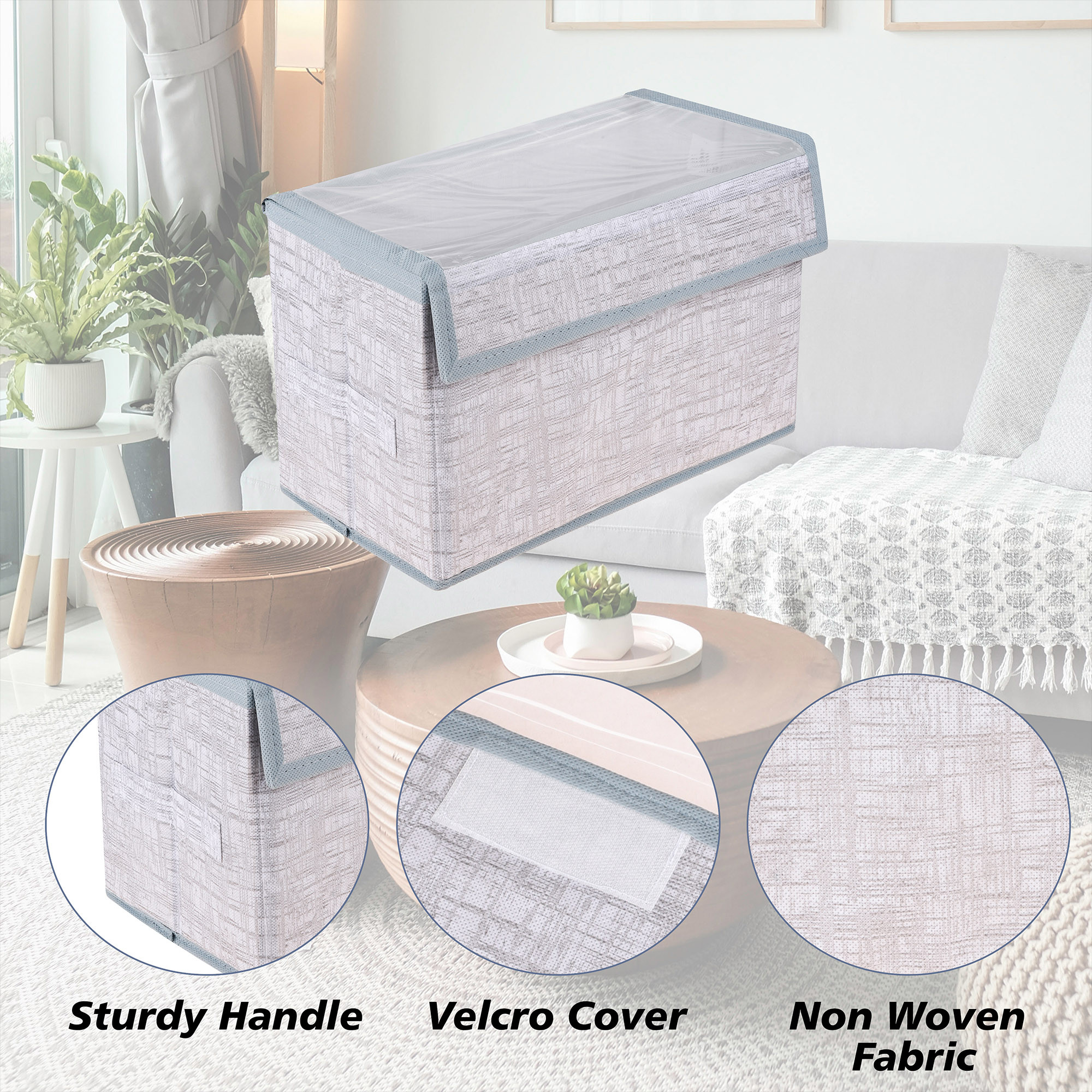 Kuber Industries Drawer Storage Box  Clothes Drawer Organizer with Handle  Transparent Lid with Velcro  Wardrobe Organizer for Books  Jute Printed Dhakkan Storage Box  Large  Gray