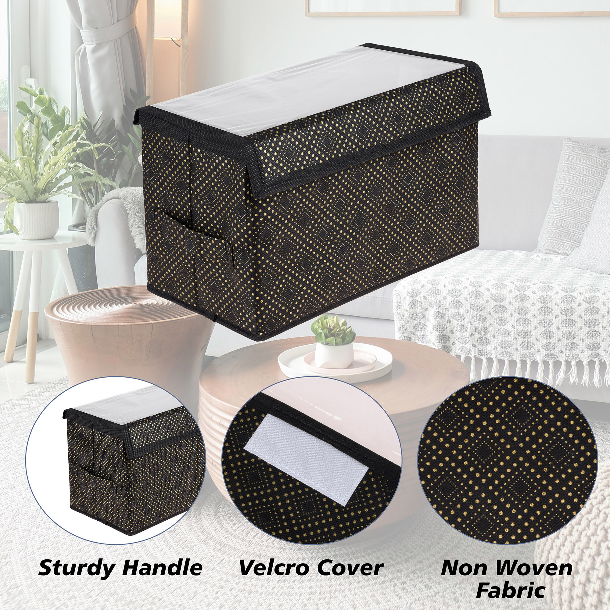 Kuber Industries Drawer Storage Box  Clothes Drawer Organizer with Handle  Transparent Lid with Velcro  Wardrobe Organizer for Books  Golden-Dot Dhakkan Storage Box  Medium  Black
