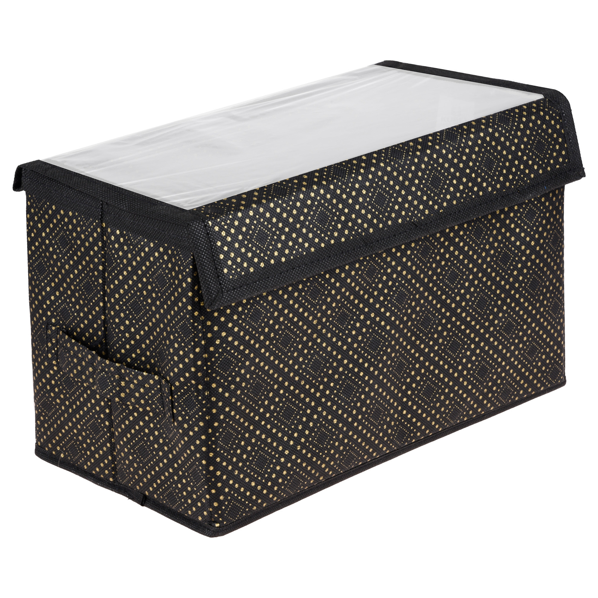Kuber Industries Drawer Storage Box | Clothes Drawer Organizer with Handle | Transparent Lid with Velcro | Wardrobe Organizer for Books | Golden-Dot Dhakkan Storage Box | Small | Black