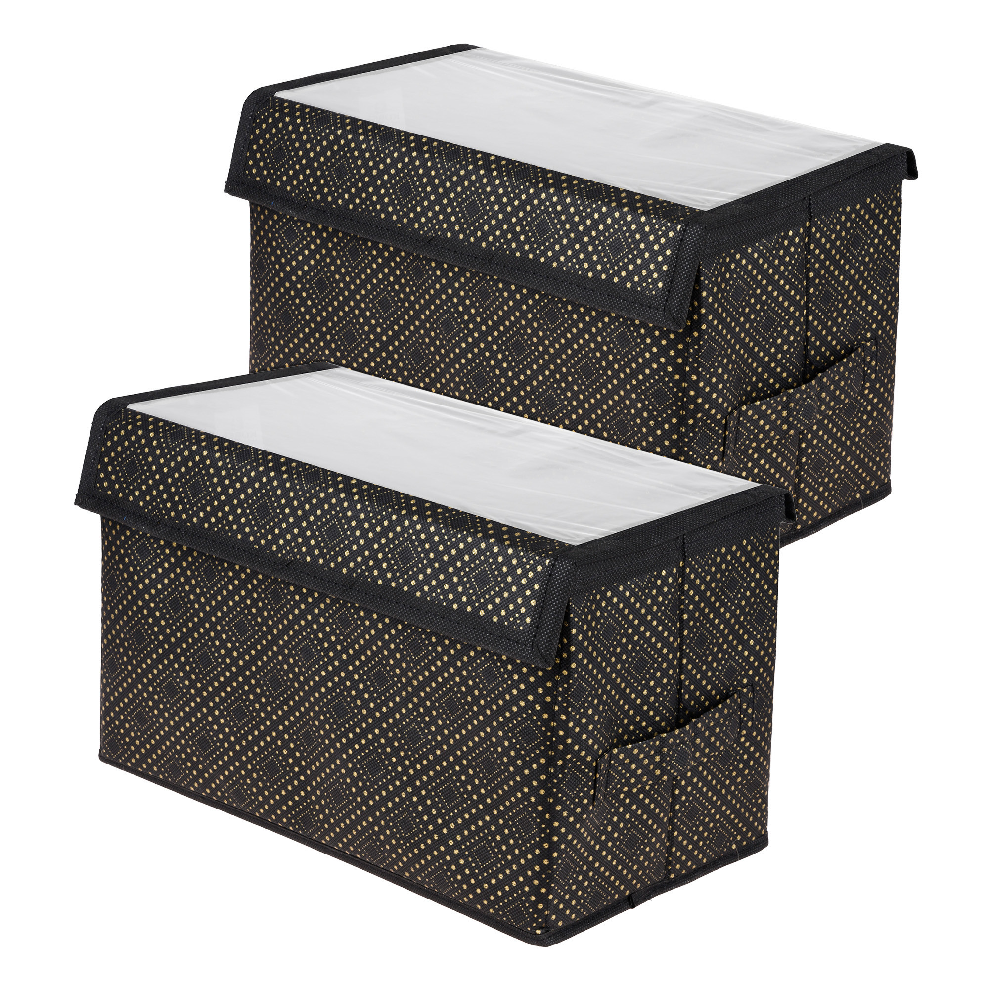 Kuber Industries Drawer Storage Box | Clothes Drawer Organizer with Handle | Transparent Lid with Velcro | Wardrobe Organizer for Books | Golden-Dot Dhakkan Storage Box | Small | Black