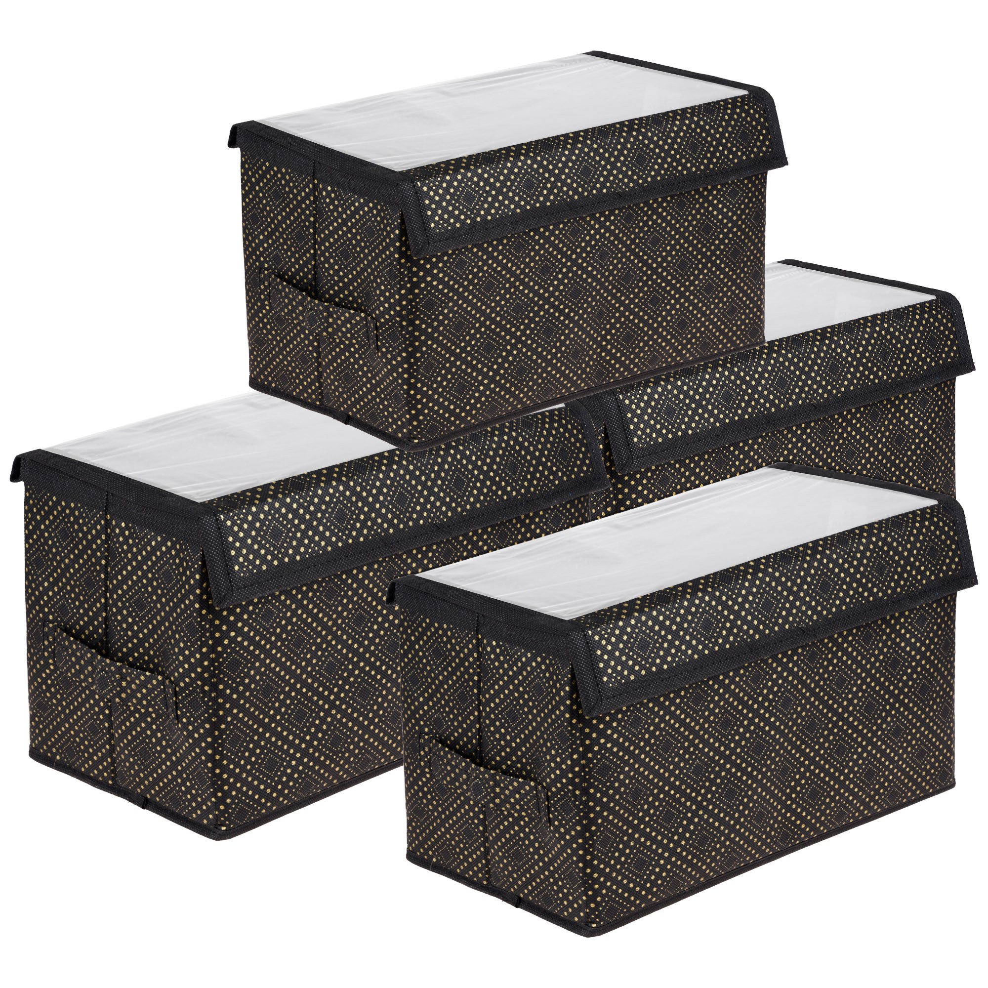 Kuber Industries Drawer Storage Box | Clothes Drawer Organizer with Handle | Transparent Lid with Velcro | Wardrobe Organizer for Books | Golden-Dot Dhakkan Storage Box | Small | Black