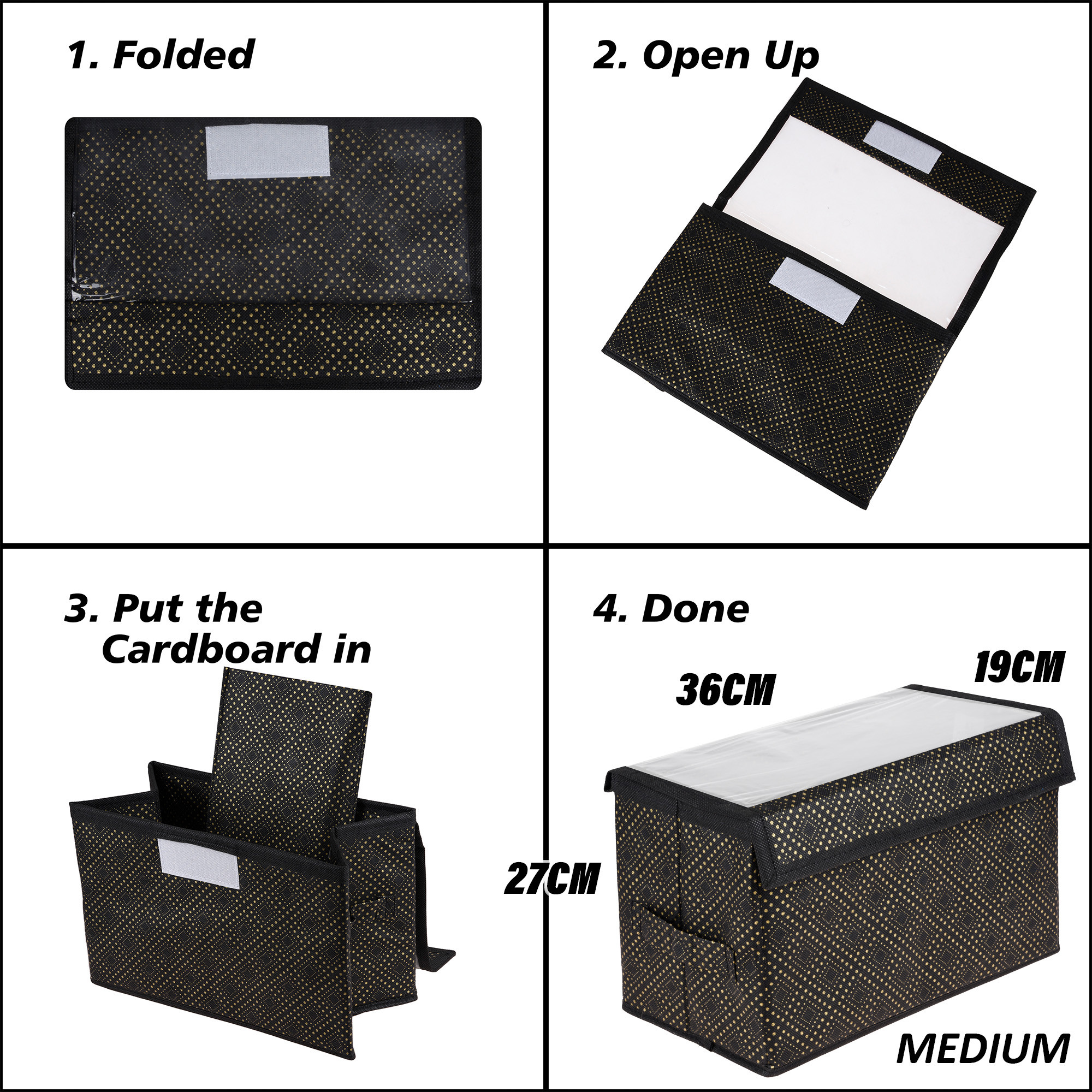 Kuber Industries Drawer Storage Box | Clothes Drawer Organizer with Handle | Transparent Lid with Velcro | Wardrobe Organizer for Books | Golden-Dot Dhakkan Storage Box | Medium | Black