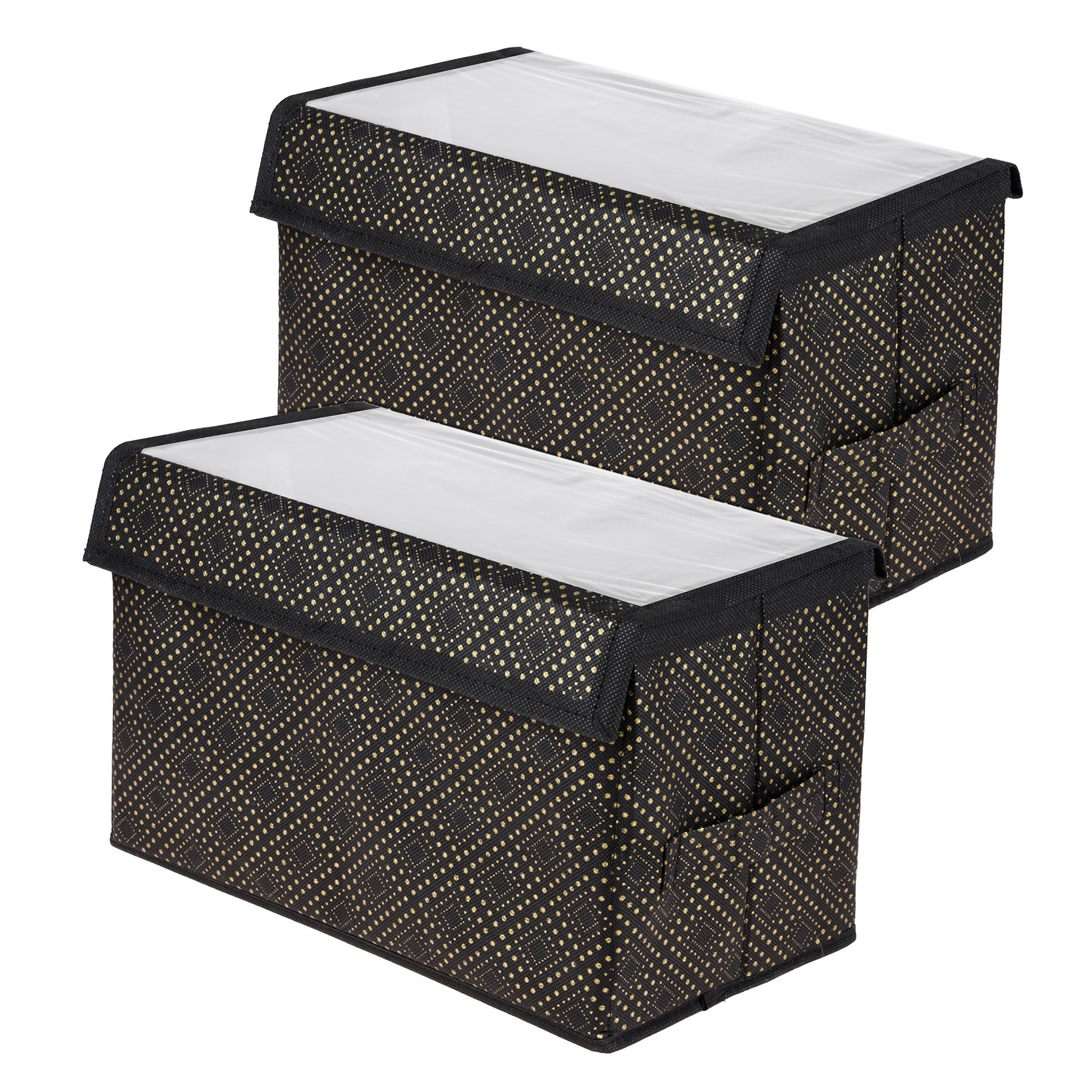 Kuber Industries Drawer Storage Box | Clothes Drawer Organizer with Handle | Transparent Lid with Velcro | Wardrobe Organizer for Books | Golden-Dot Dhakkan Storage Box | Medium | Black