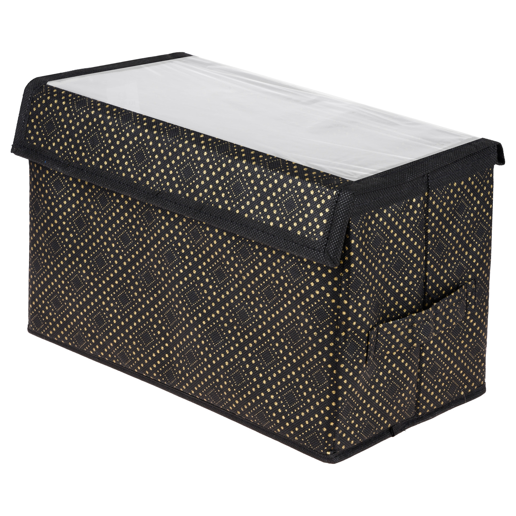 Kuber Industries Drawer Storage Box | Clothes Drawer Organizer with Handle | Transparent Lid with Velcro | Wardrobe Organizer for Books | Golden-Dot Dhakkan Storage Box | Large | Black