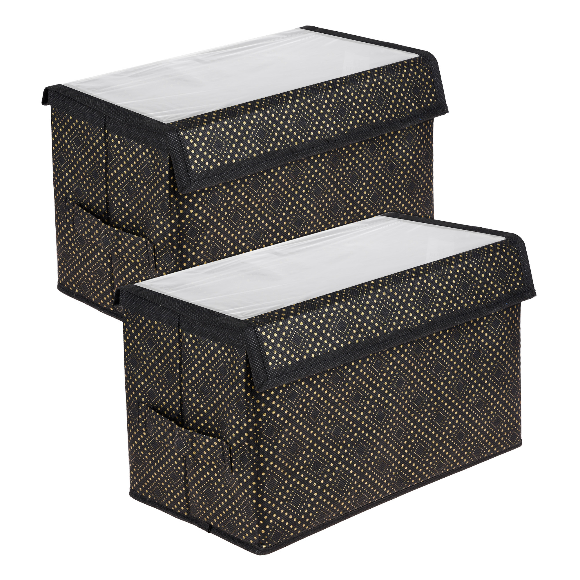 Kuber Industries Drawer Storage Box | Clothes Drawer Organizer with Handle | Transparent Lid with Velcro | Wardrobe Organizer for Books | Golden-Dot Dhakkan Storage Box | Large | Black