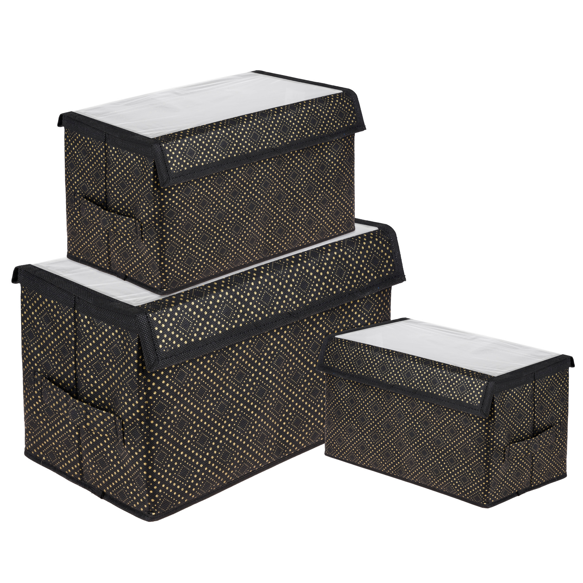 Kuber Industries Drawer Storage Box | Clothes Drawer Organizer with Handle | Transparent Lid with Velcro | Wardrobe Organizer for Books | Golden-Dot Dhakkan Storage Box | S | M | L | Pack of 3 | Black