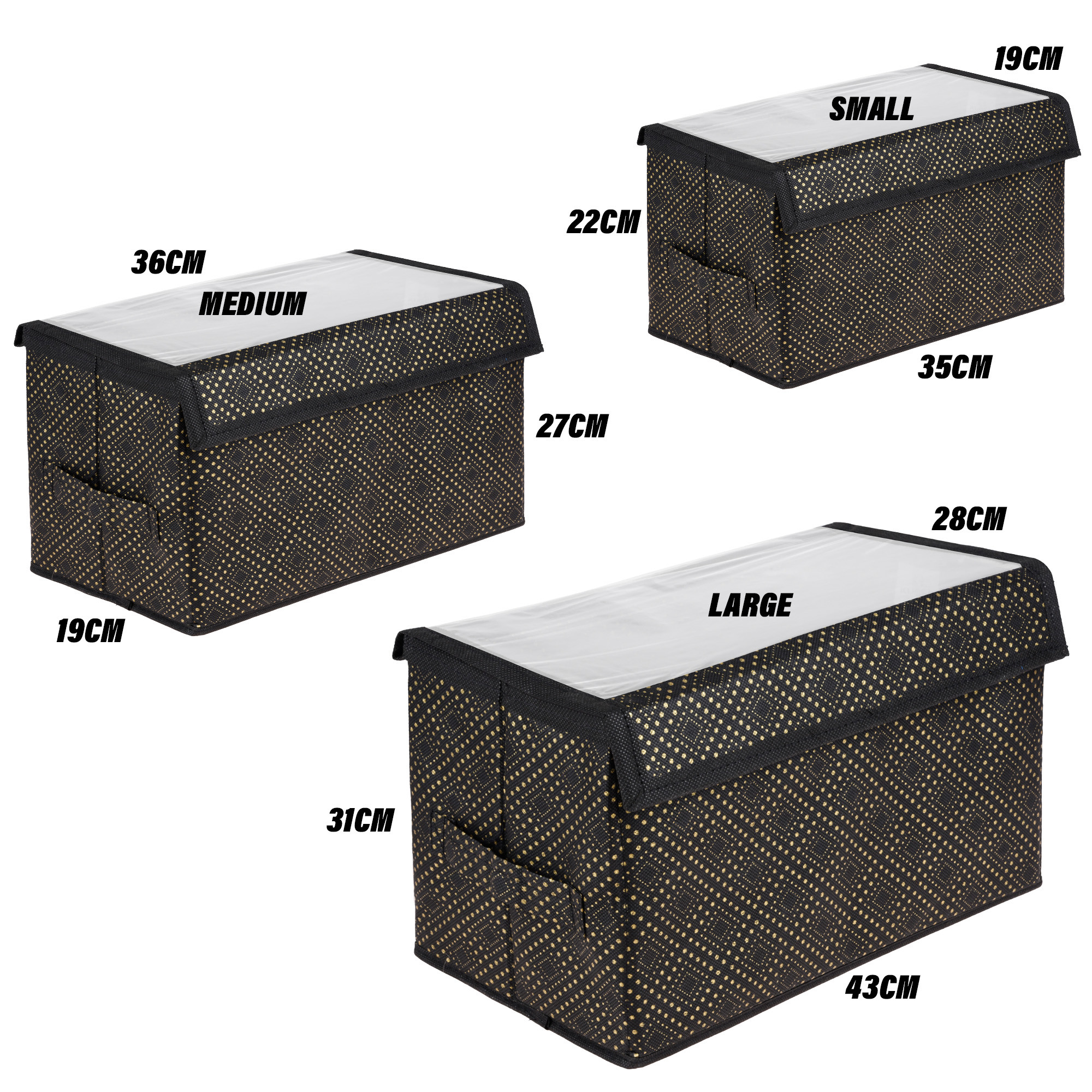 Kuber Industries Drawer Storage Box | Clothes Drawer Organizer with Handle | Transparent Lid with Velcro | Wardrobe Organizer for Books | Golden-Dot Dhakkan Storage Box | S | M | L | Pack of 3 | Black