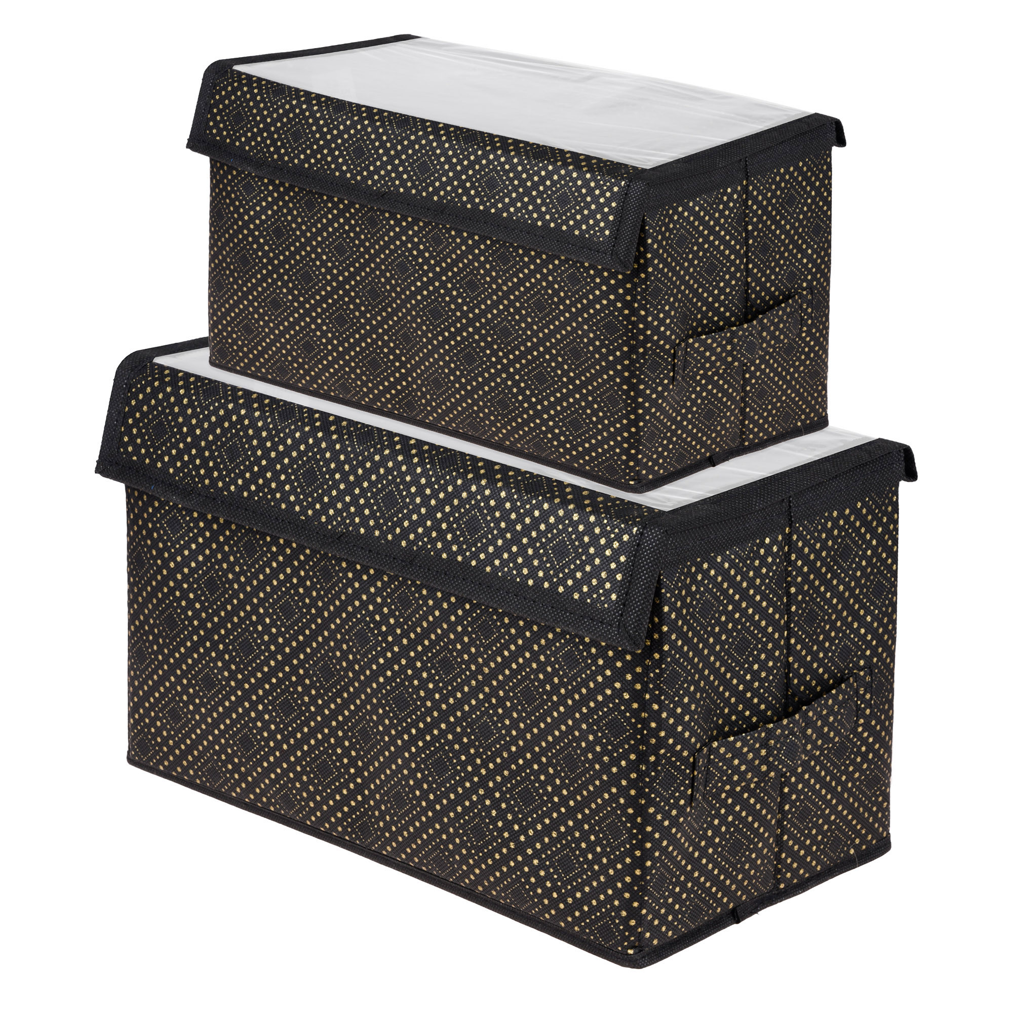 Kuber Industries Drawer Storage Box | Clothes Drawer Organizer with Handle | Transparent Lid with Velcro | Wardrobe Organizer for Books | Golden-Dot Dhakkan Storage Box | S | M | Pack of 2 | Black