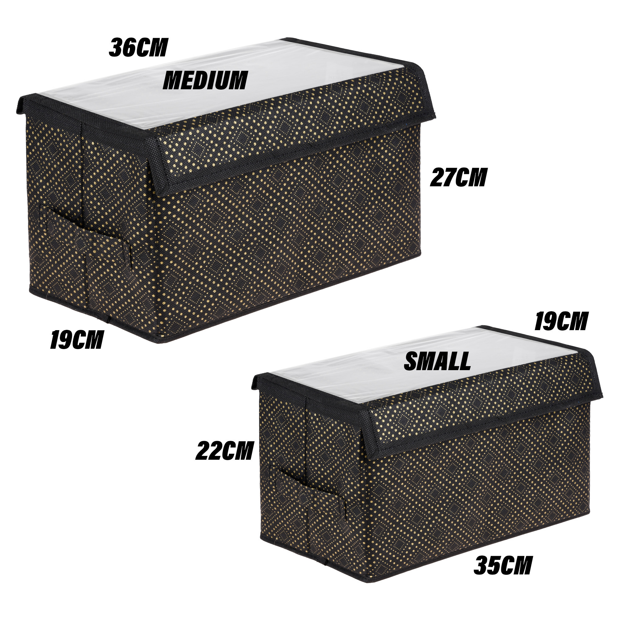 Kuber Industries Drawer Storage Box | Clothes Drawer Organizer with Handle | Transparent Lid with Velcro | Wardrobe Organizer for Books | Golden-Dot Dhakkan Storage Box | S | M | Pack of 2 | Black