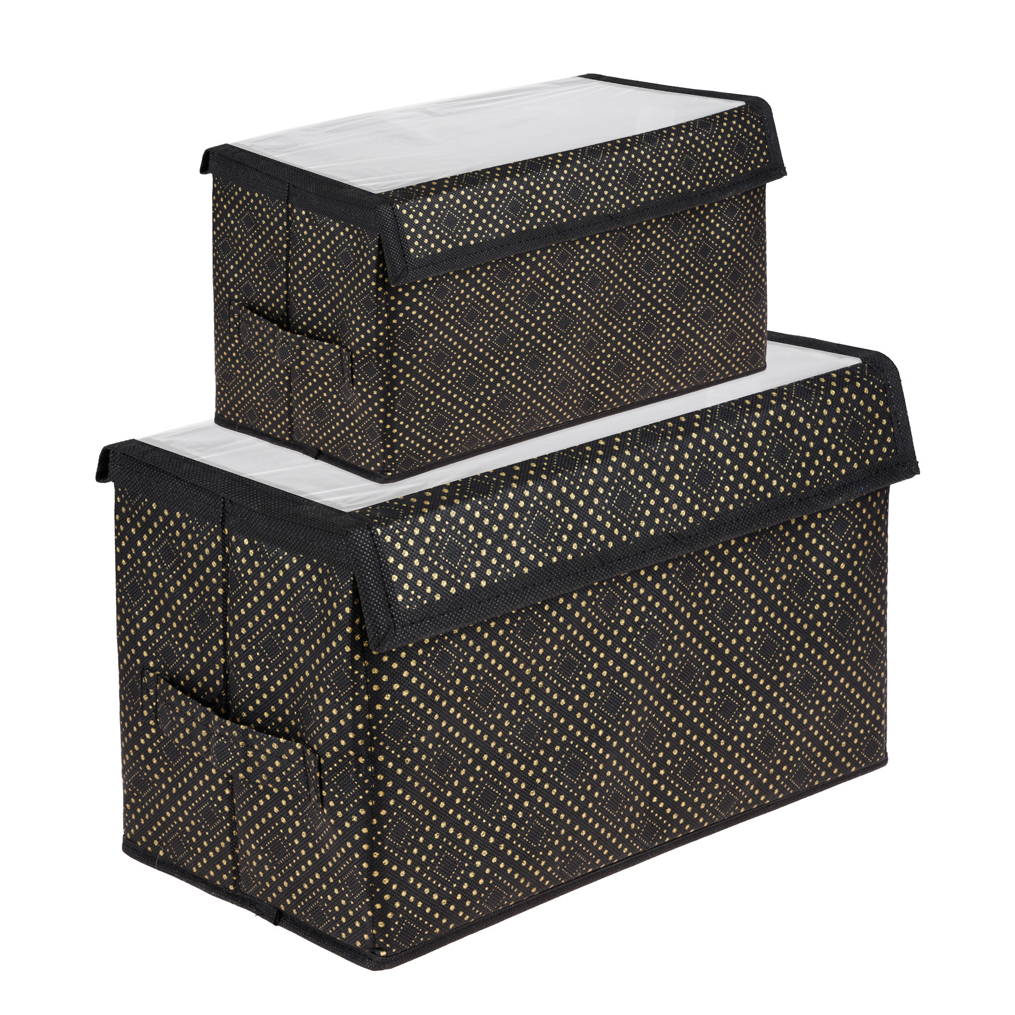 Kuber Industries Drawer Storage Box | Clothes Drawer Organizer with Handle | Transparent Lid with Velcro | Wardrobe Organizer for Books | Golden-Dot Dhakkan Storage Box | S | L | Pack of 2 | Black