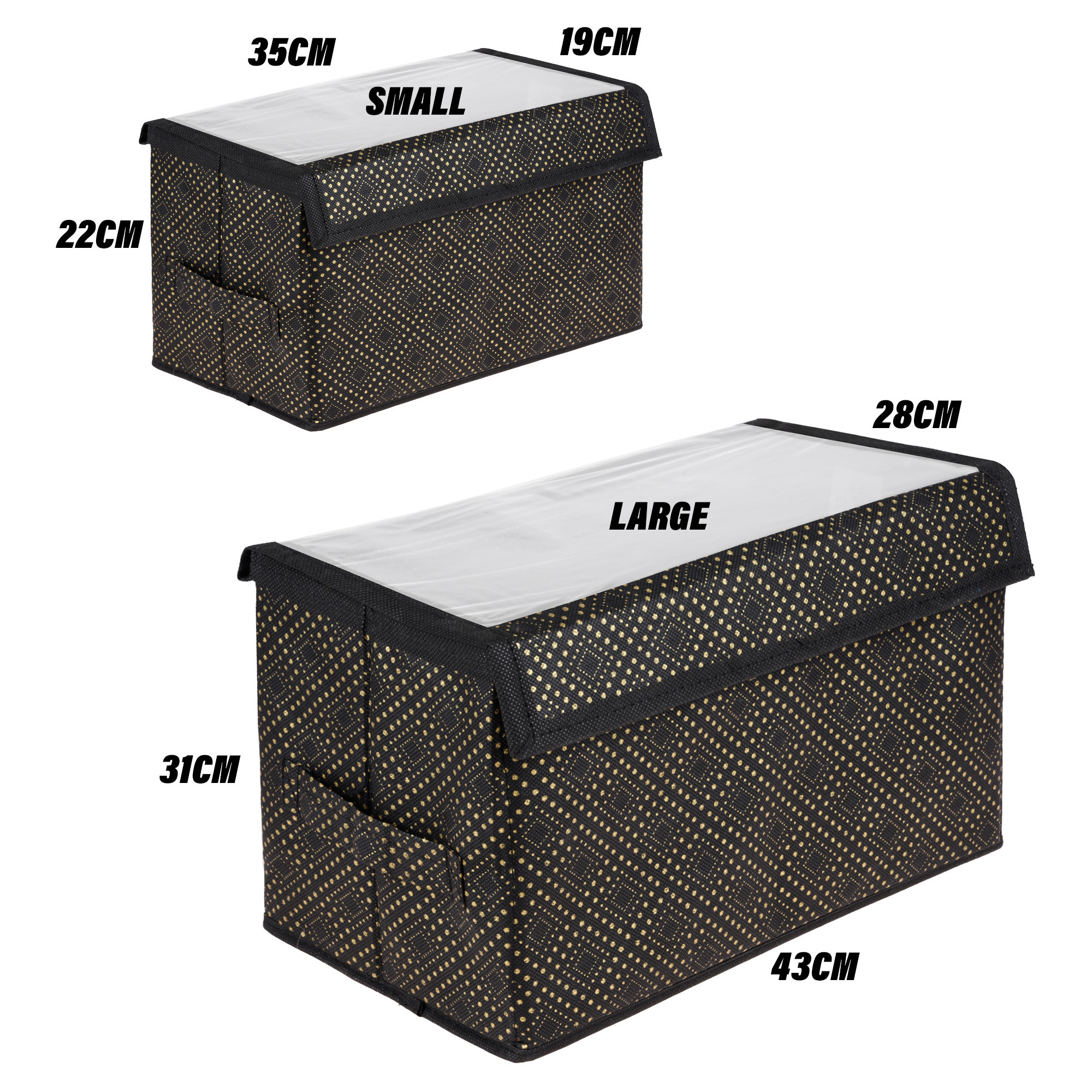 Kuber Industries Drawer Storage Box | Clothes Drawer Organizer with Handle | Transparent Lid with Velcro | Wardrobe Organizer for Books | Golden-Dot Dhakkan Storage Box | S | L | Pack of 2 | Black