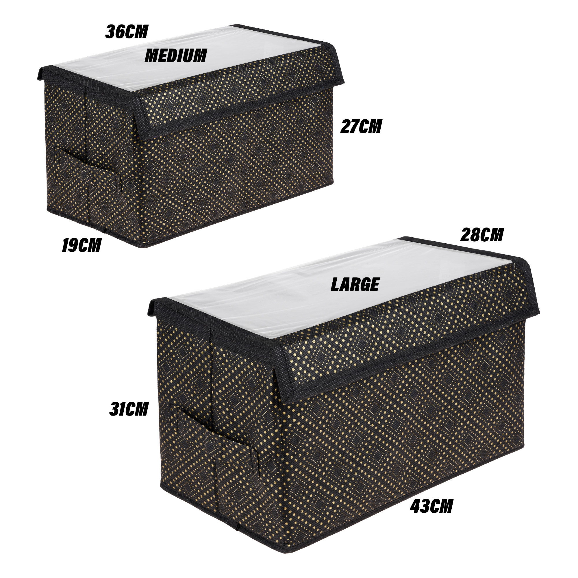 Kuber Industries Drawer Storage Box | Clothes Drawer Organizer with Handle | Transparent Lid with Velcro | Wardrobe Organizer for Books | Golden-Dot Dhakkan Storage Box | M | L | Pack of 2 | Black
