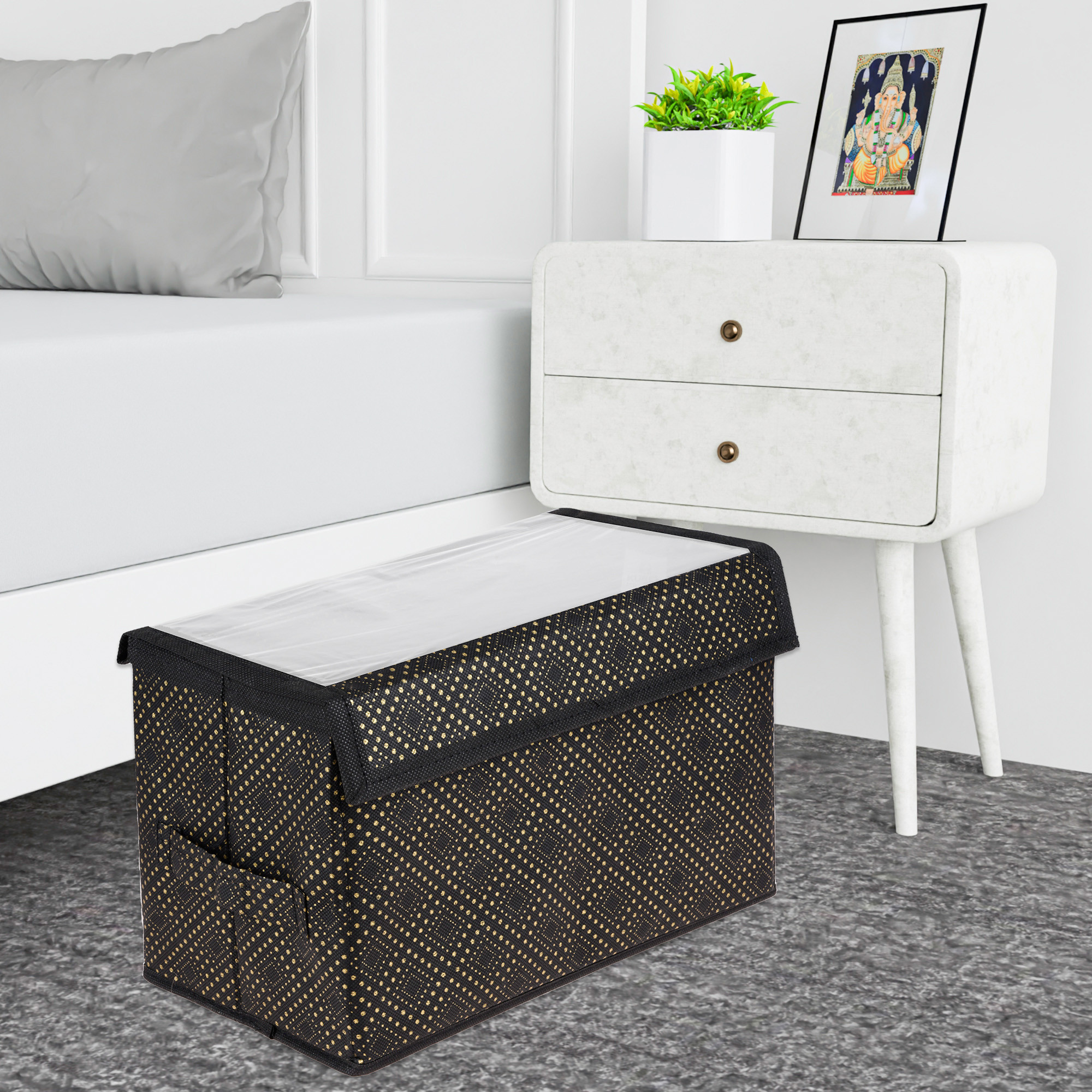Kuber Industries Drawer Storage Box | Clothes Drawer Organizer with Handle | Transparent Lid with Velcro | Wardrobe Organizer for Books | Golden-Dot Dhakkan Storage Box | M | L | Pack of 2 | Black