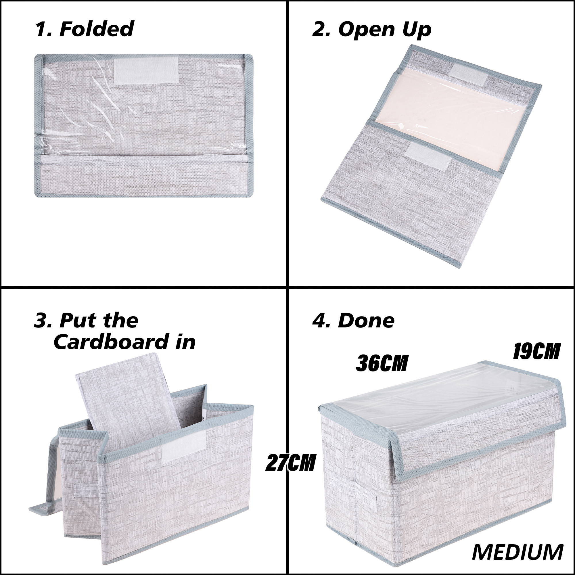 Kuber Industries Drawer Storage Box | Clothes Drawer Organizer with Handle | Transparent Lid with Velcro | Wardrobe Organizer for Books | Jute Printed Dhakkan Storage Box | Medium | Gray