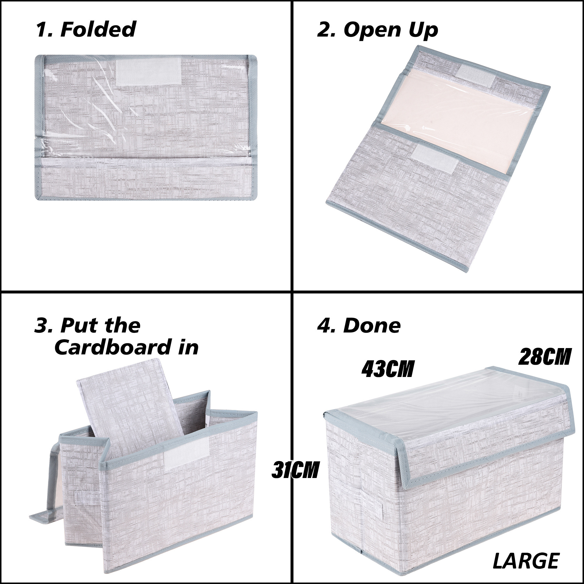 Kuber Industries Drawer Storage Box | Clothes Drawer Organizer with Handle | Transparent Lid with Velcro | Wardrobe Organizer for Books | Jute Printed Dhakkan Storage Box | Large | Gray