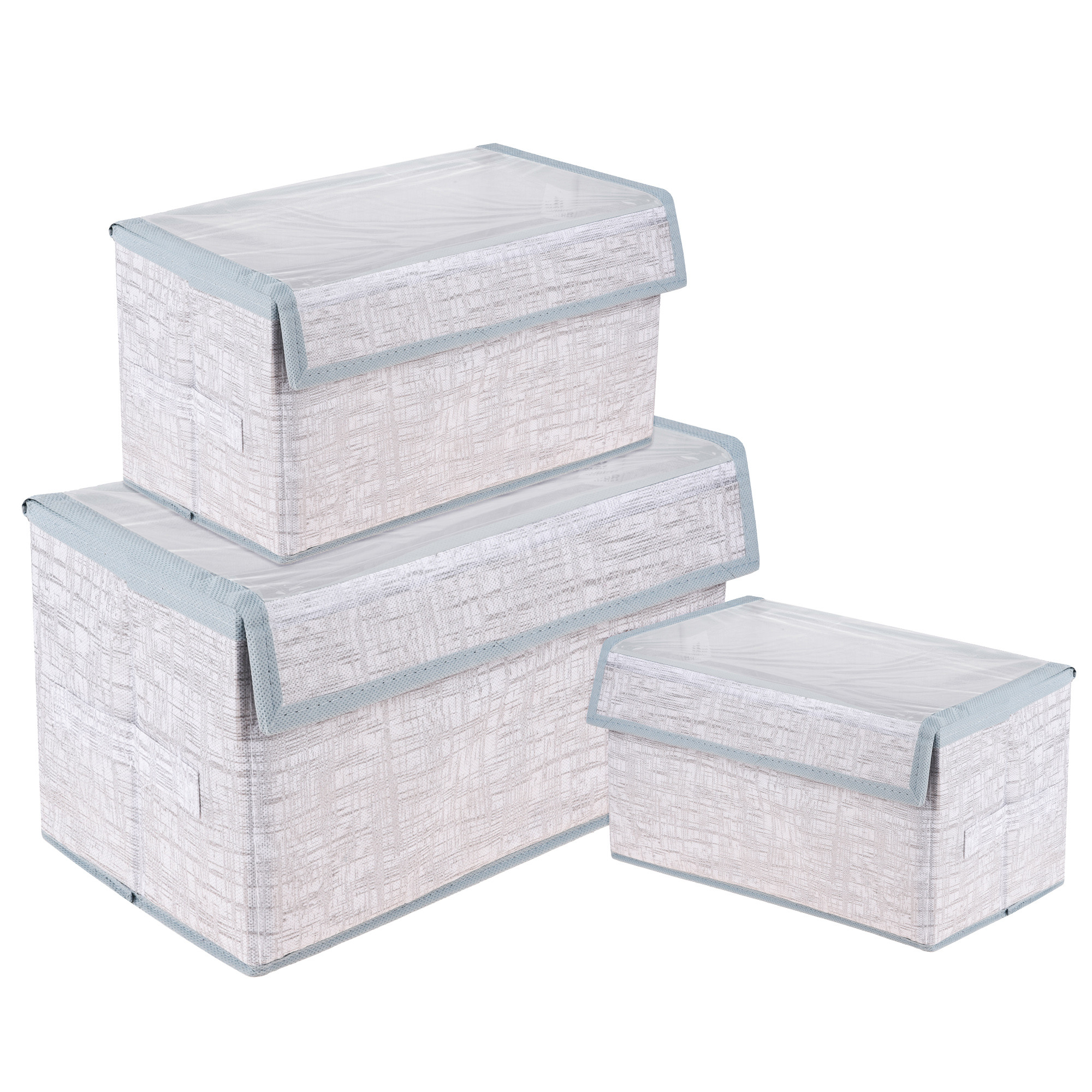 Kuber Industries Drawer Storage Box | Clothes Drawer Organizer with Handle | Transparent Lid with Velcro | Wardrobe Organizer for Books | Jute Printed Dhakkan Storage Box | S | M | L | Pack of 3 | Gray