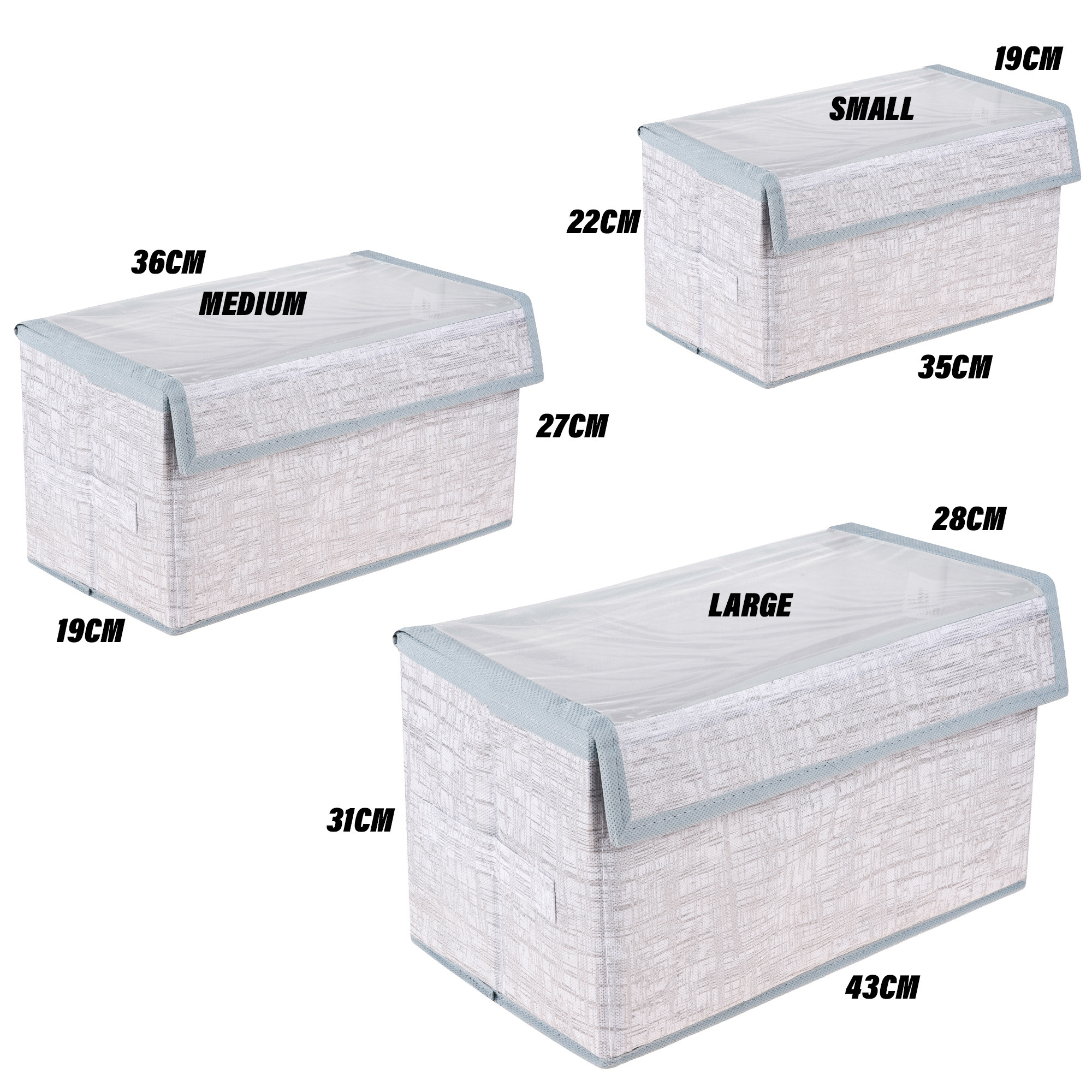 Kuber Industries Drawer Storage Box | Clothes Drawer Organizer with Handle | Transparent Lid with Velcro | Wardrobe Organizer for Books | Jute Printed Dhakkan Storage Box | S | M | L | Pack of 3 | Gray