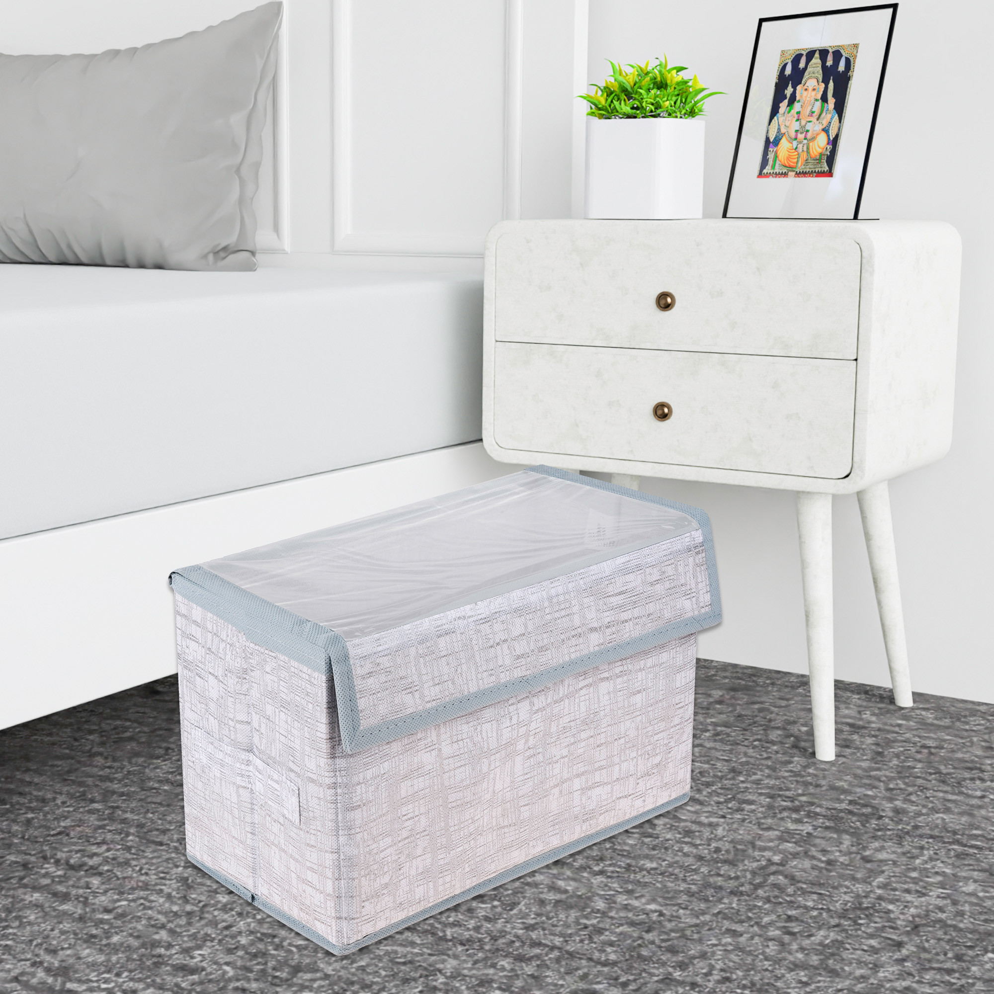 Kuber Industries Drawer Storage Box | Clothes Drawer Organizer with Handle | Transparent Lid with Velcro | Wardrobe Organizer for Books | Jute Printed Dhakkan Storage Box | S | M | L | Pack of 3 | Gray