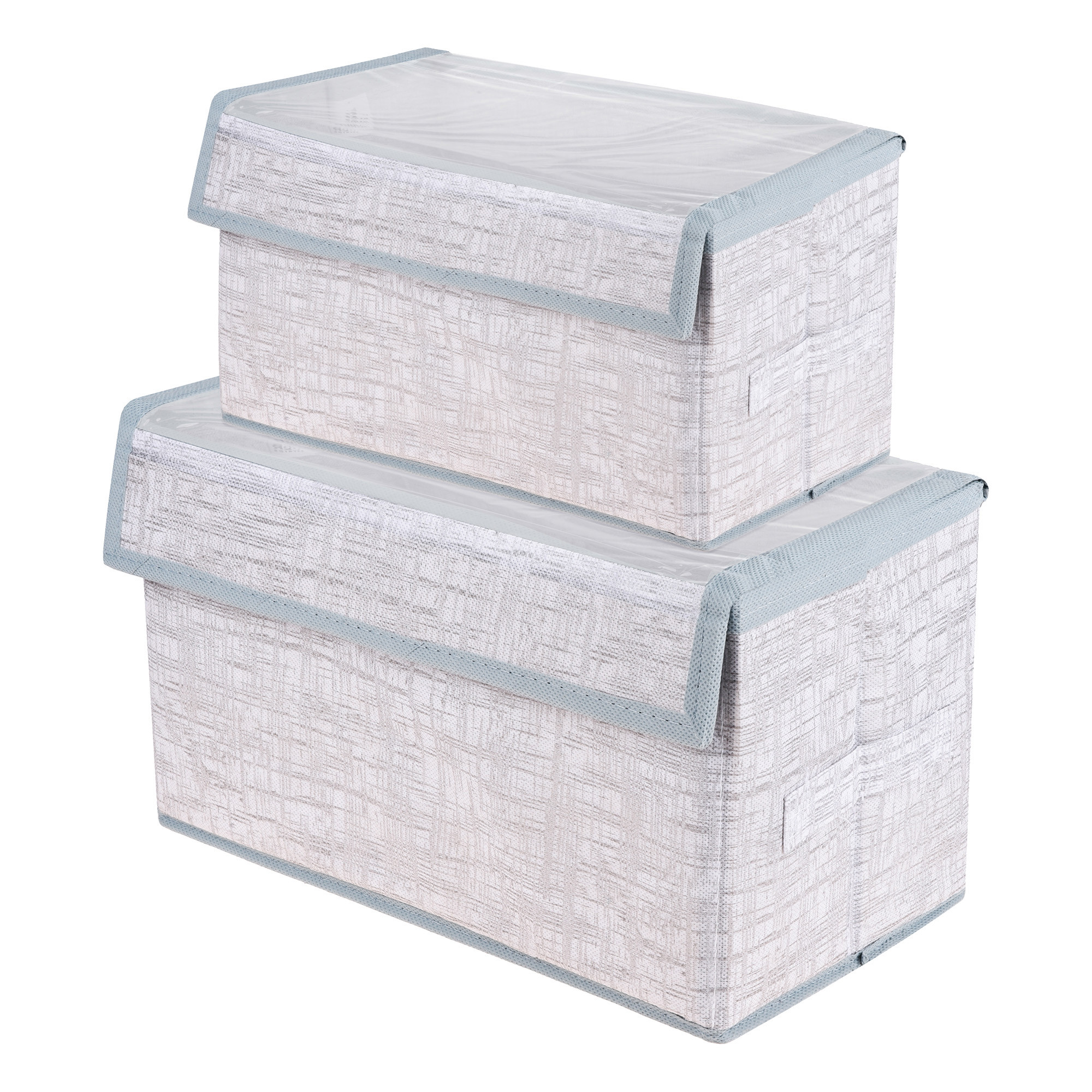 Kuber Industries Drawer Storage Box | Clothes Drawer Organizer with Handle | Transparent Lid with Velcro | Wardrobe Organizer for Books | Jute Printed Dhakkan Storage Box | S | M | Pack of 2 | Gray