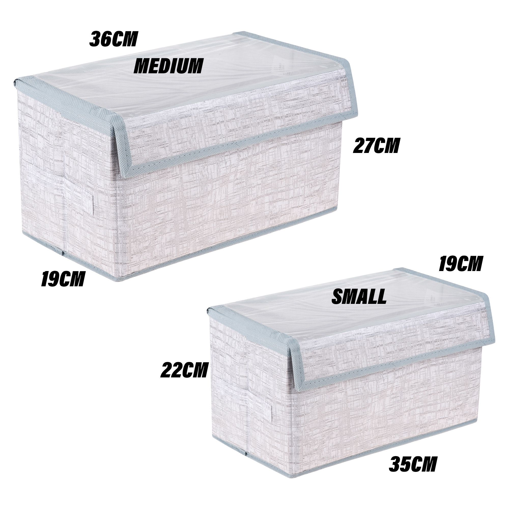 Kuber Industries Drawer Storage Box | Clothes Drawer Organizer with Handle | Transparent Lid with Velcro | Wardrobe Organizer for Books | Jute Printed Dhakkan Storage Box | S | M | Pack of 2 | Gray