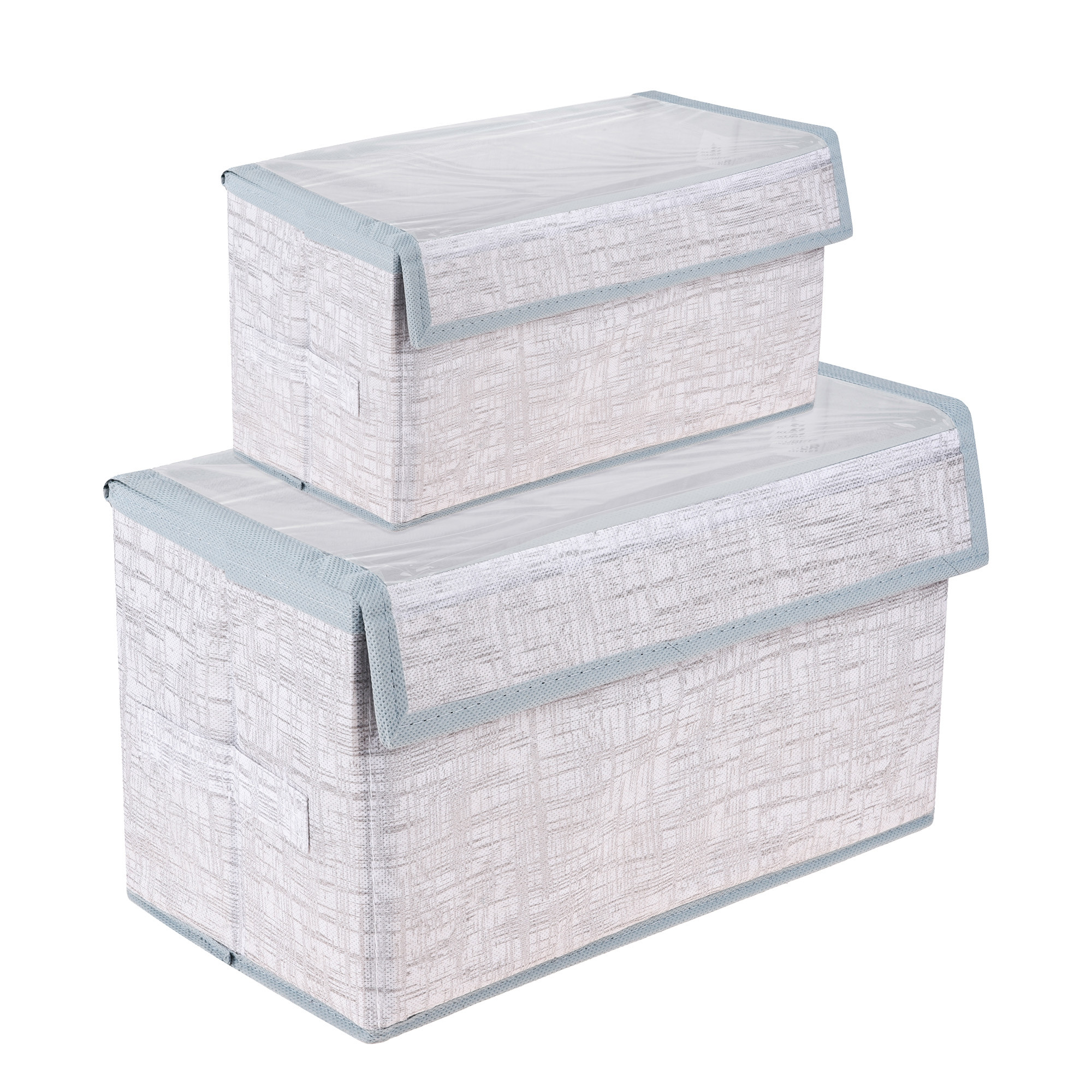 Kuber Industries Drawer Storage Box | Clothes Drawer Organizer with Handle | Transparent Lid with Velcro | Wardrobe Organizer for Books | Jute Printed Dhakkan Storage Box | S | L | Pack of 2 | Gray