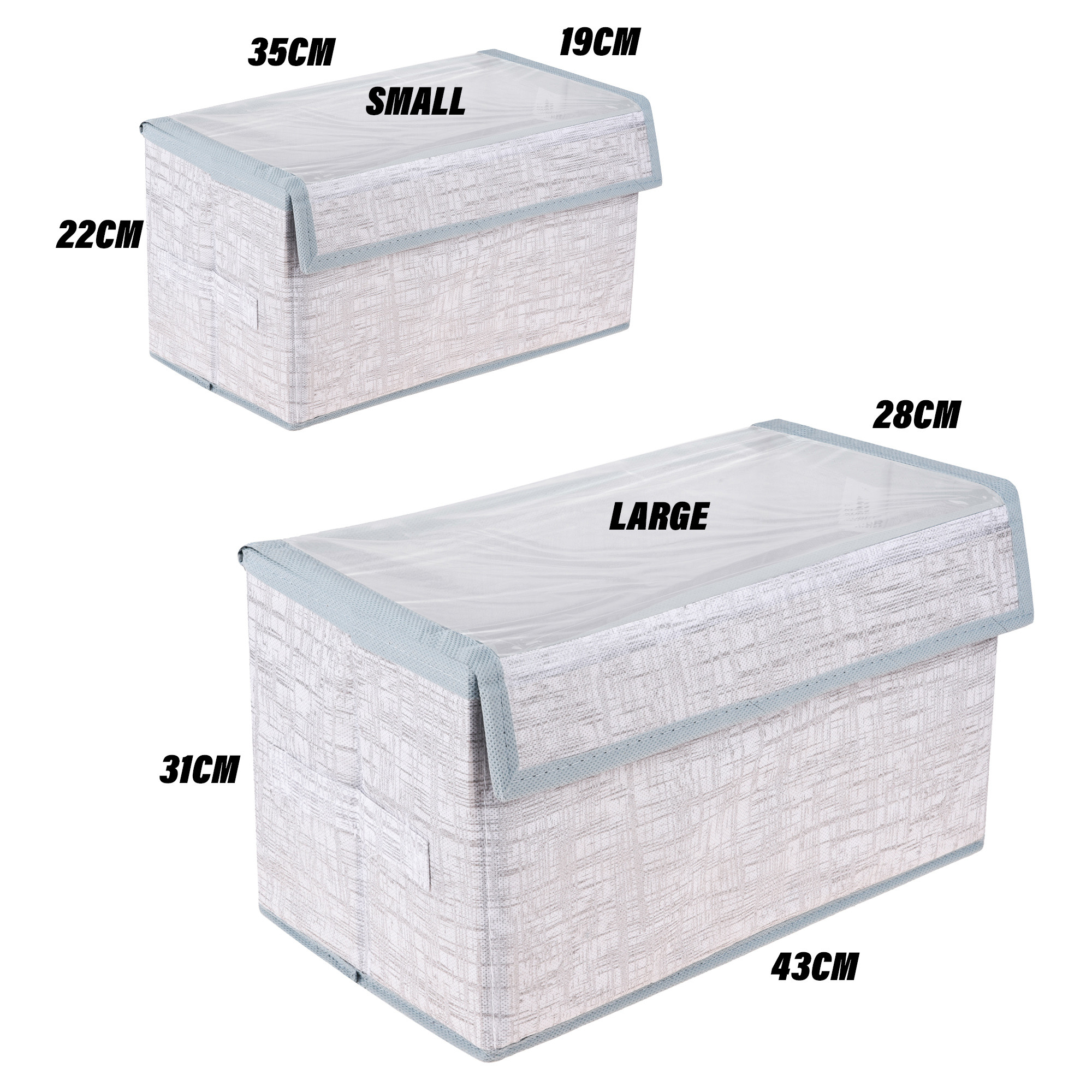 Kuber Industries Drawer Storage Box | Clothes Drawer Organizer with Handle | Transparent Lid with Velcro | Wardrobe Organizer for Books | Jute Printed Dhakkan Storage Box | S | L | Pack of 2 | Gray