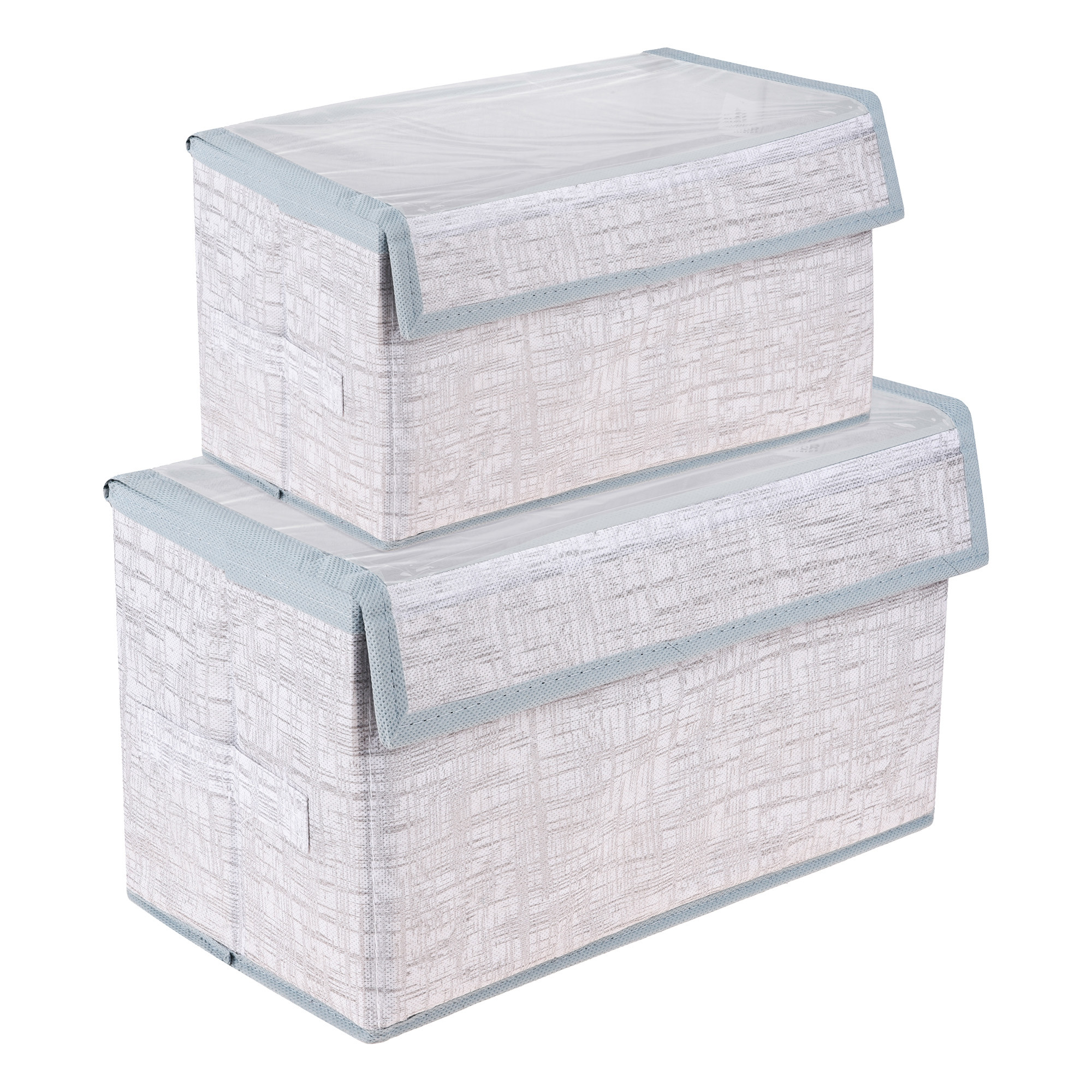 Kuber Industries Drawer Storage Box | Clothes Drawer Organizer with Handle | Transparent Lid with Velcro | Wardrobe Organizer for Books | Jute Printed Dhakkan Storage Box | M | L | Pack of 2 | Gray
