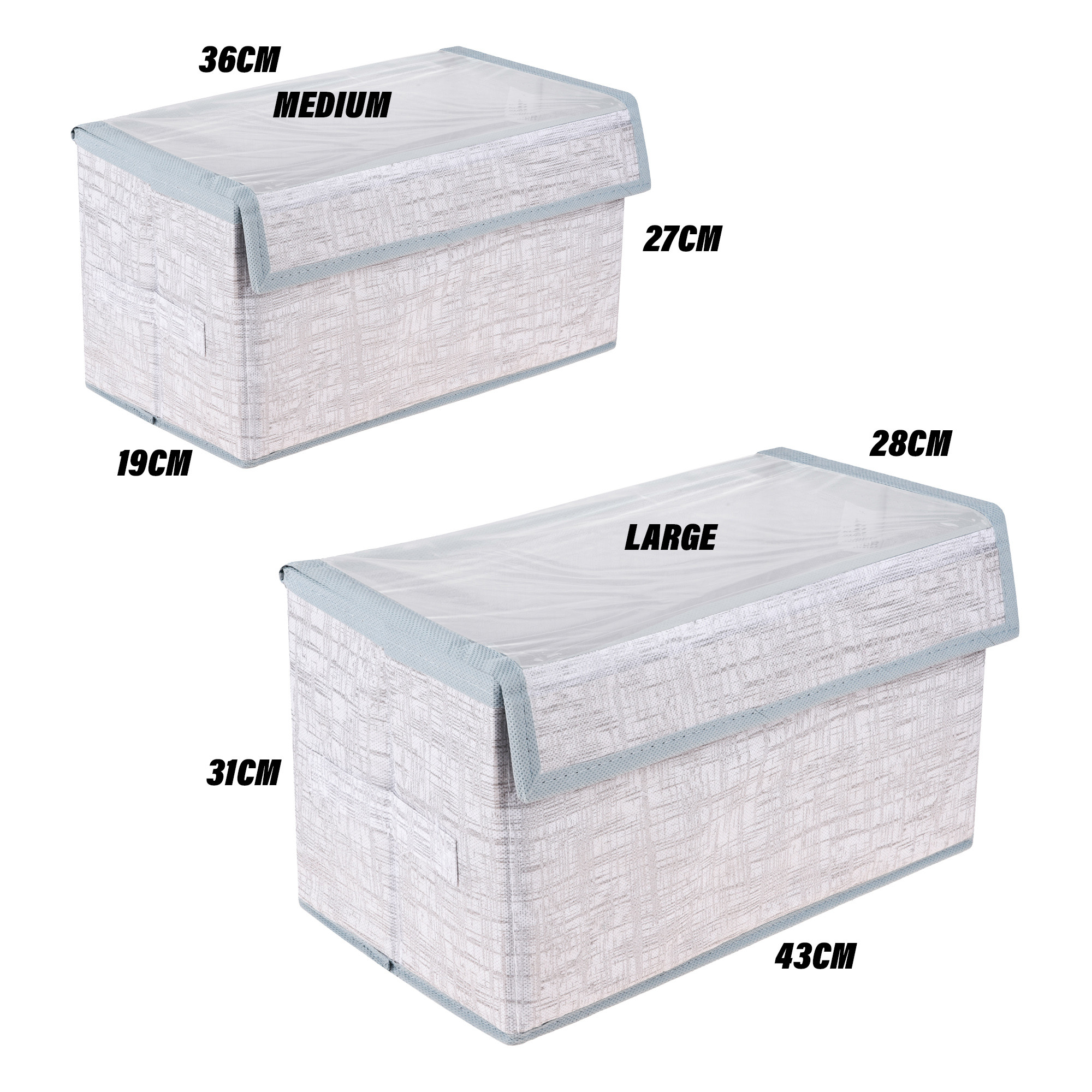 Kuber Industries Drawer Storage Box | Clothes Drawer Organizer with Handle | Transparent Lid with Velcro | Wardrobe Organizer for Books | Jute Printed Dhakkan Storage Box | M | L | Pack of 2 | Gray