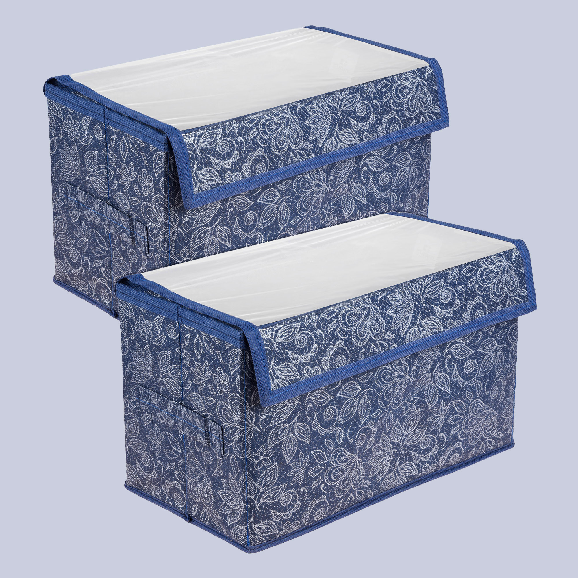 Kuber Industries Drawer Storage Box | Clothes Drawer Organizer with Handle | Transparent Lid with Velcro | Wardrobe Organizer for Books | Flower Printed Dhakkan Storage Box | Small | Navy Blue