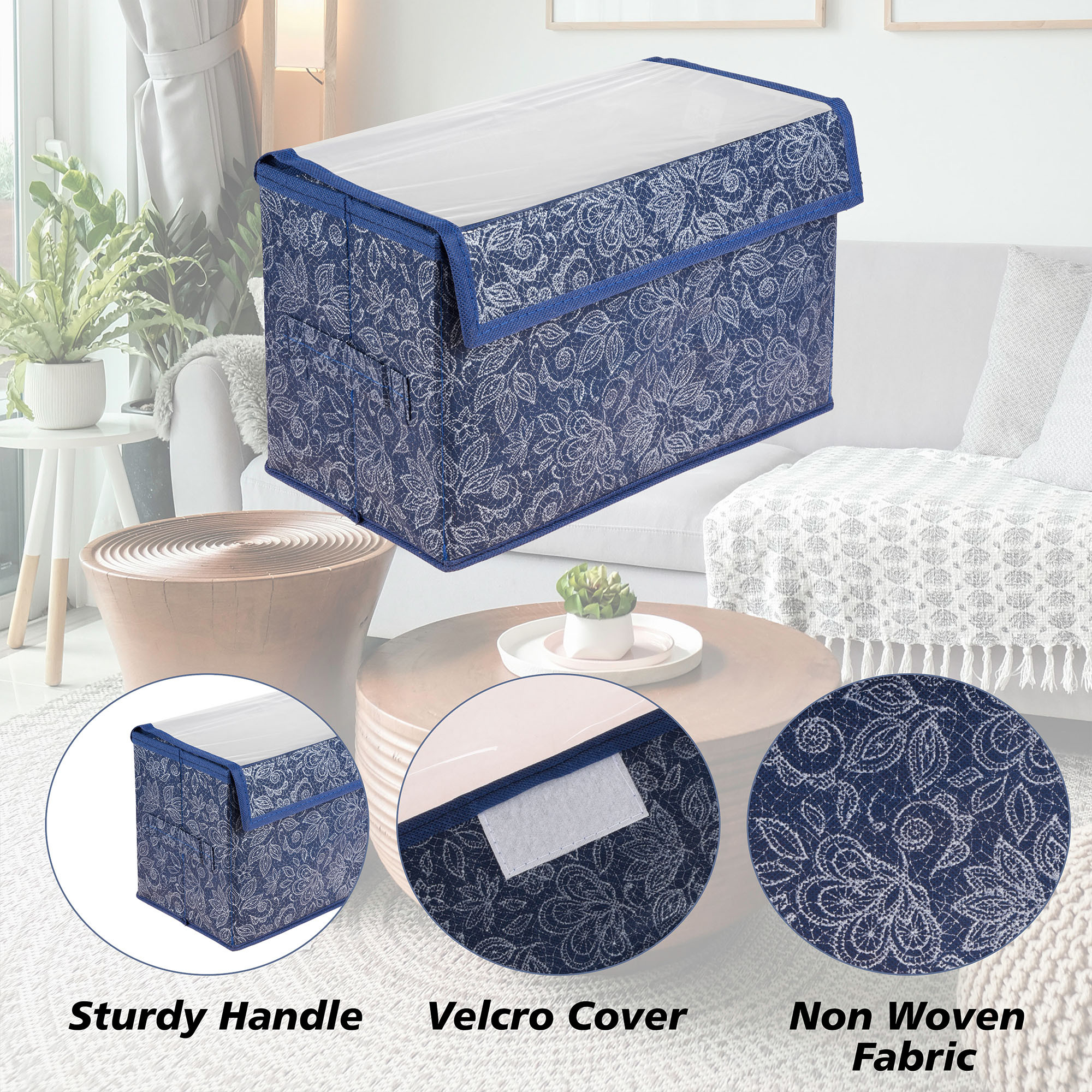 Kuber Industries Drawer Storage Box | Clothes Drawer Organizer with Handle | Transparent Lid with Velcro | Wardrobe Organizer for Books | Flower Printed Dhakkan Storage Box | Medium | Navy Blue