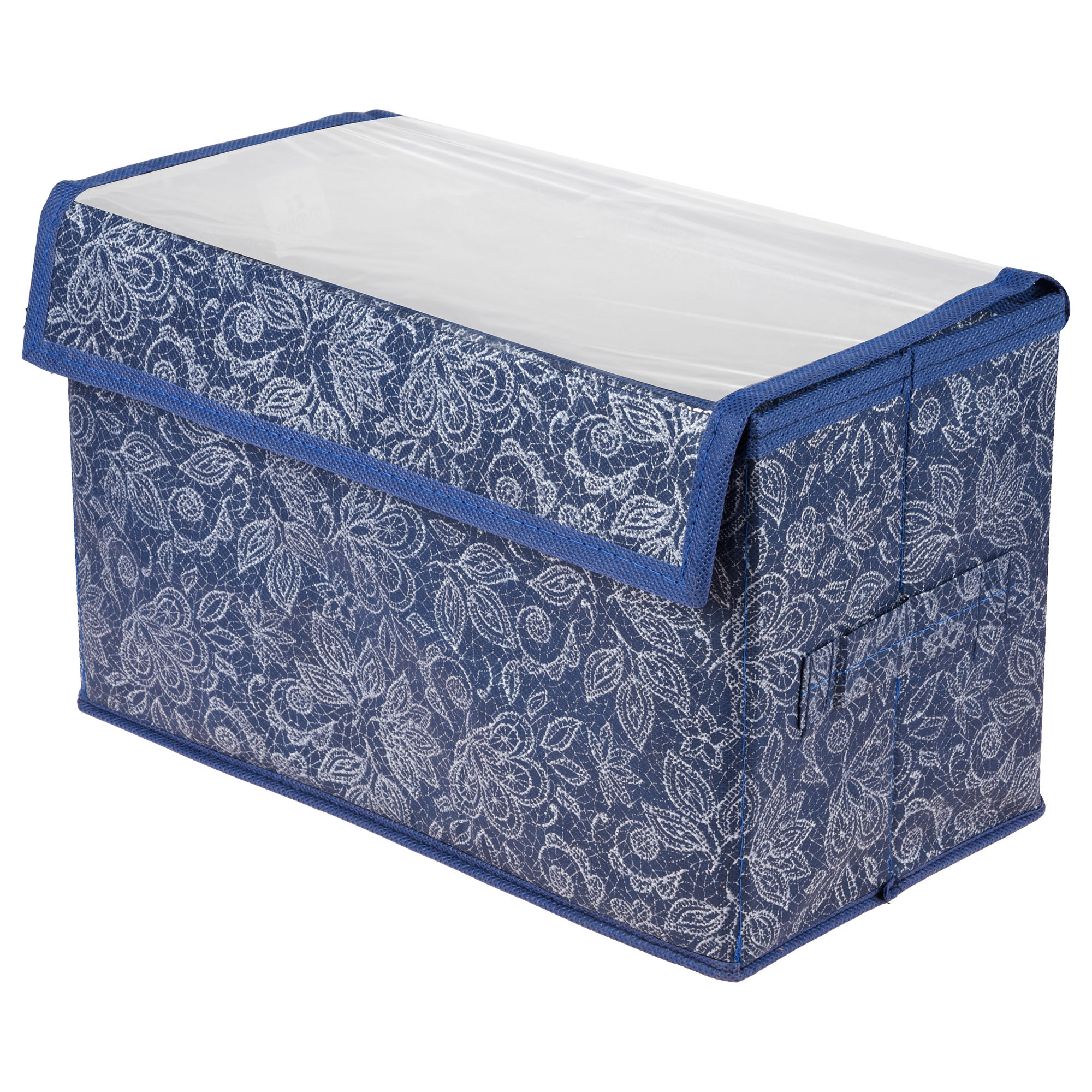 Kuber Industries Drawer Storage Box | Clothes Drawer Organizer with Handle | Transparent Lid with Velcro | Wardrobe Organizer for Books | Flower Printed Dhakkan Storage Box | Large | Navy Blue