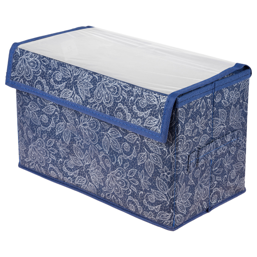 Kuber Industries Drawer Storage Box | Clothes Drawer Organizer with Handle | Transparent Lid with Velcro | Wardrobe Organizer for Books | Flower Printed Dhakkan Storage Box | Large | Navy Blue