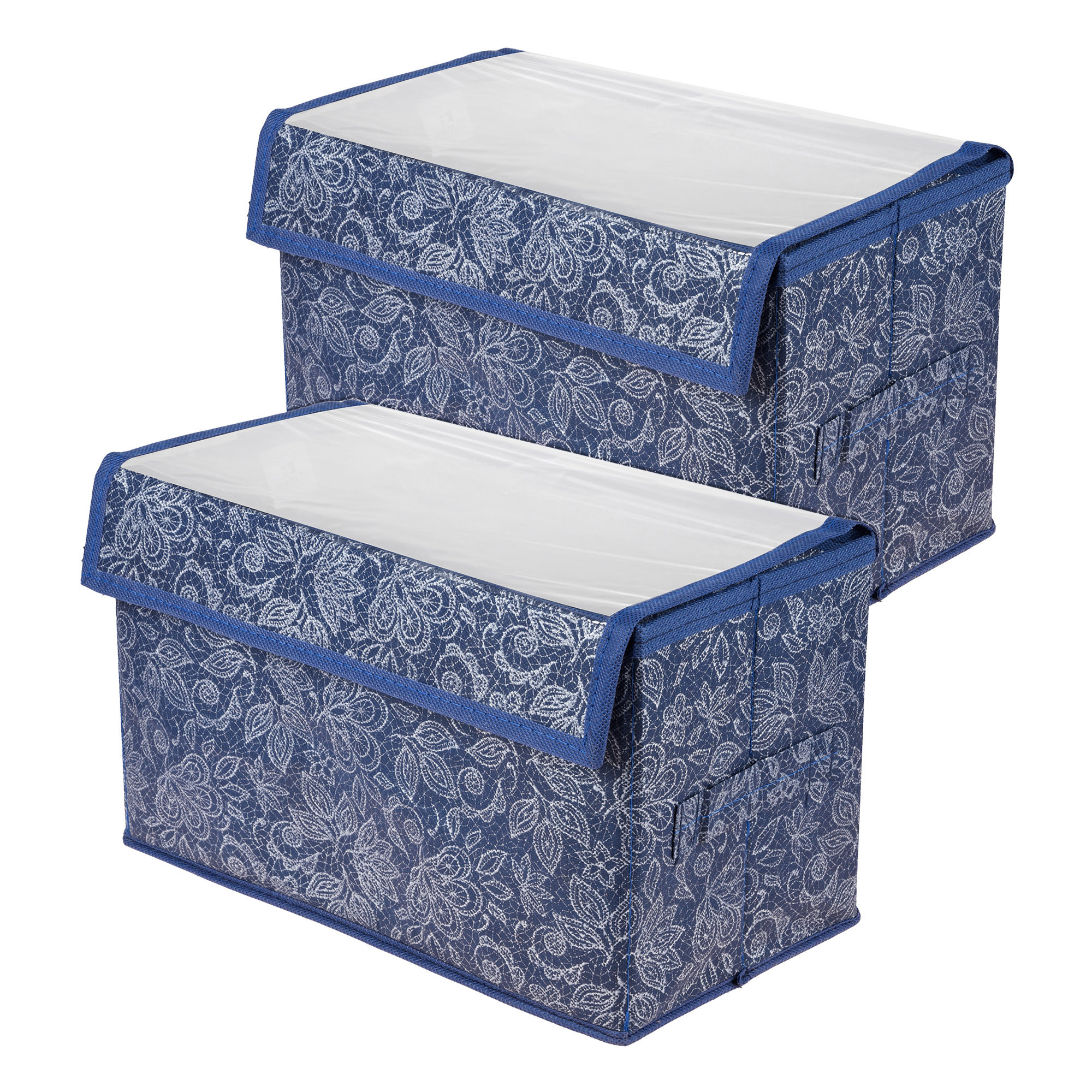 Kuber Industries Drawer Storage Box | Clothes Drawer Organizer with Handle | Transparent Lid with Velcro | Wardrobe Organizer for Books | Flower Printed Dhakkan Storage Box | Large | Navy Blue