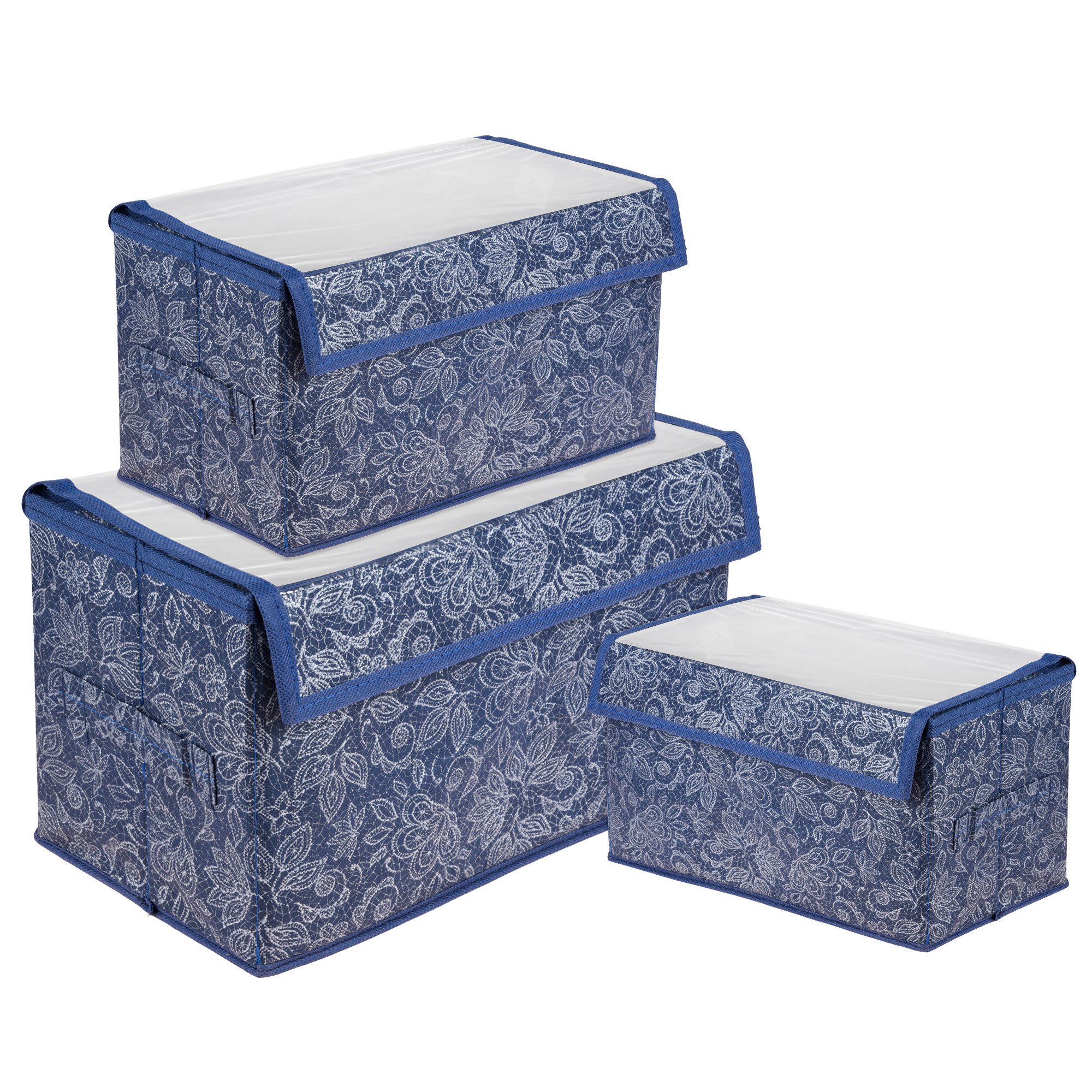 Kuber Industries Drawer Storage Box | Clothes Drawer Organizer with Handle | Transparent Lid with Velcro | Wardrobe Organizer for Books | Flower Printed Dhakkan Storage Box | S | M | L | Pack of 3 | Navy Blue