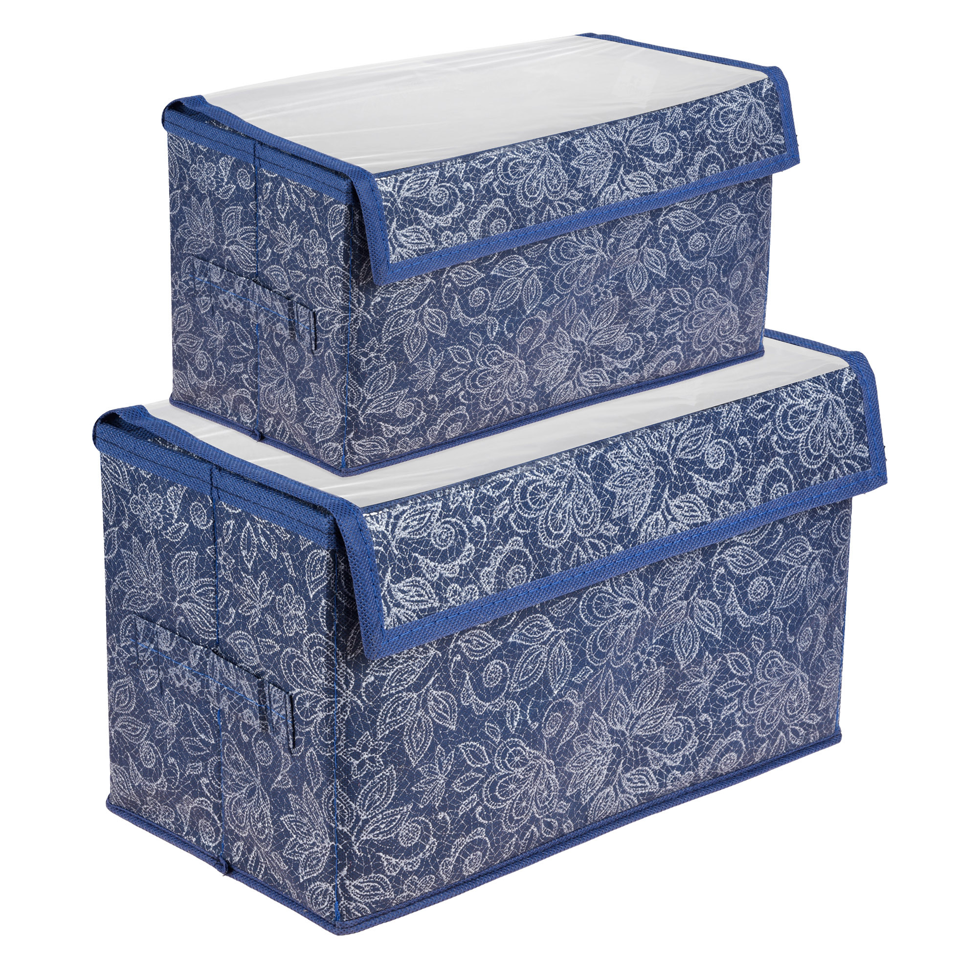 Kuber Industries Drawer Storage Box | Clothes Drawer Organizer with Handle | Transparent Lid with Velcro | Wardrobe Organizer for Books | Flower Printed Dhakkan Storage Box | S | M | Pack of 2 | Navy Blue