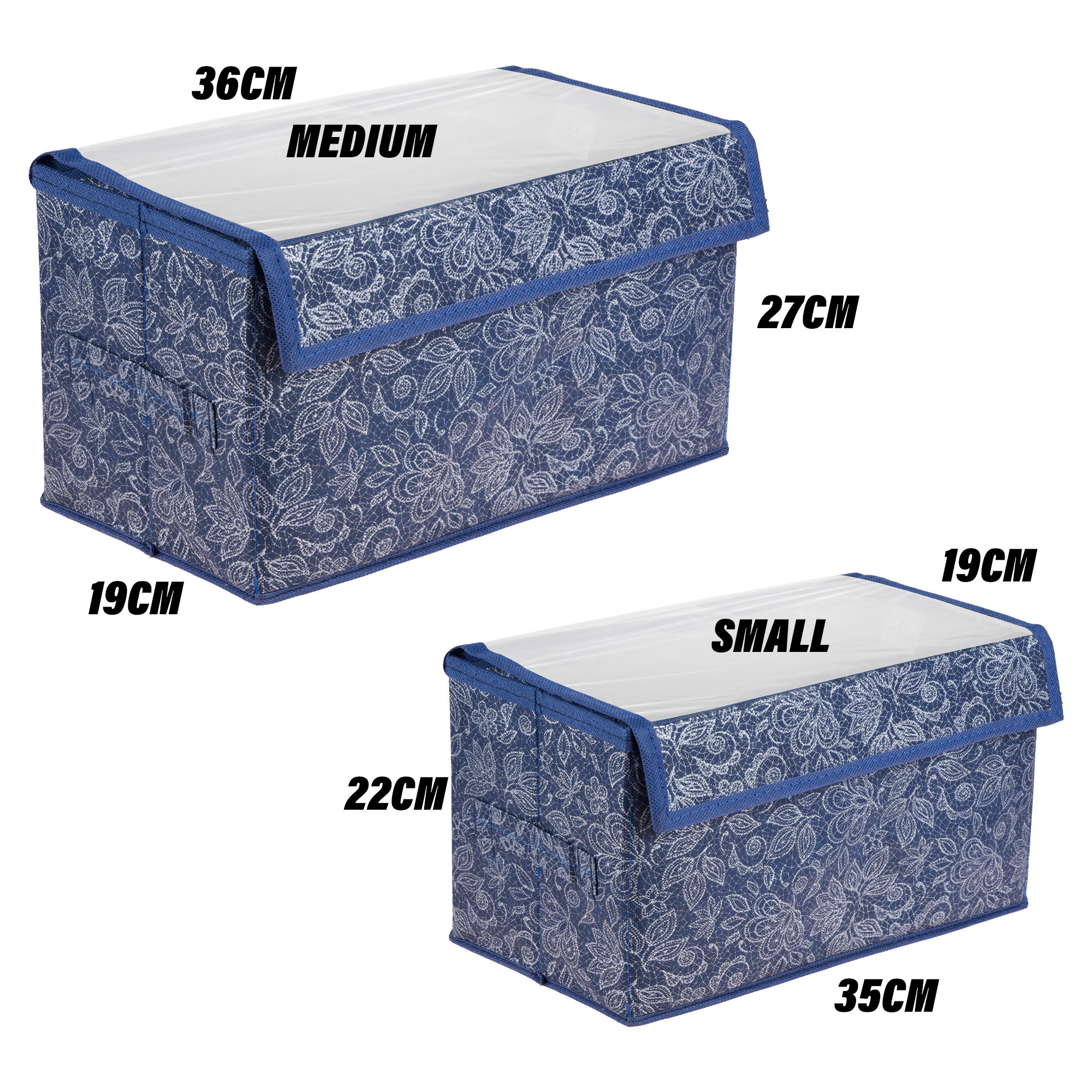 Kuber Industries Drawer Storage Box | Clothes Drawer Organizer with Handle | Transparent Lid with Velcro | Wardrobe Organizer for Books | Flower Printed Dhakkan Storage Box | S | M | Pack of 2 | Navy Blue