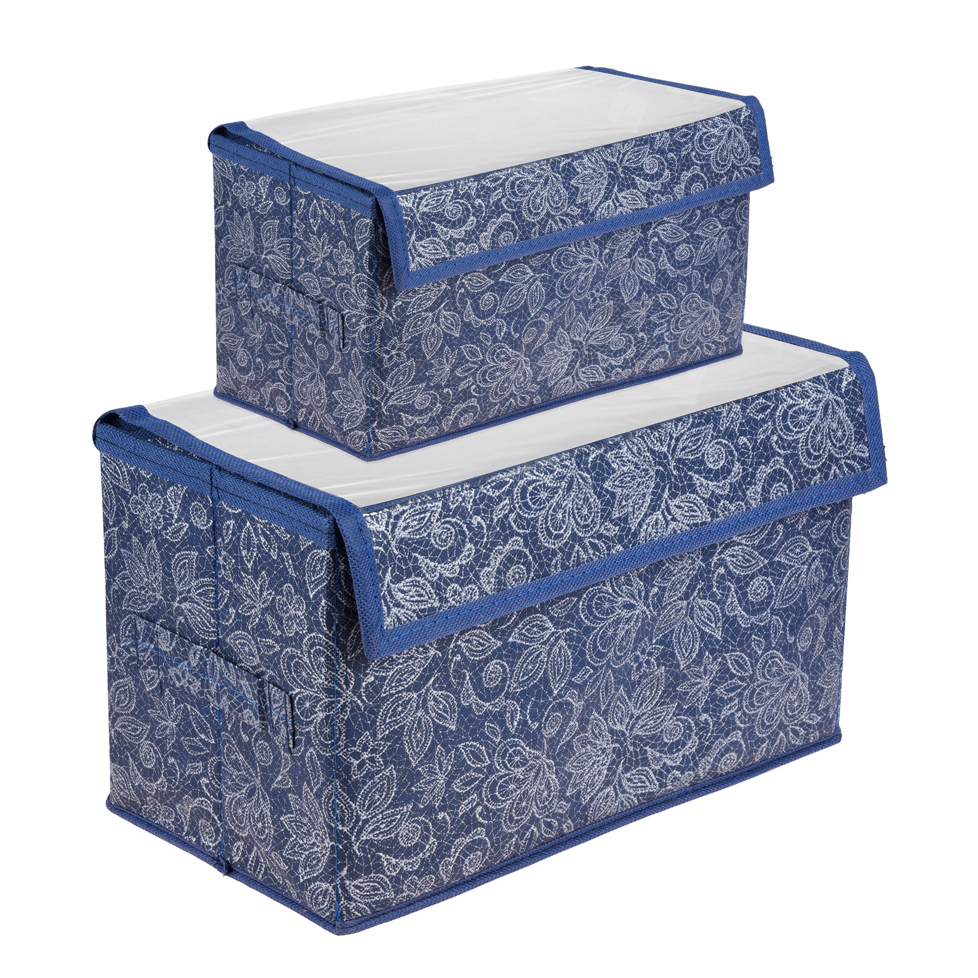 Kuber Industries Drawer Storage Box | Clothes Drawer Organizer with Handle | Transparent Lid with Velcro | Wardrobe Organizer for Books | Flower Printed Dhakkan Storage Box | S | L | Pack of 2 | Navy Blue
