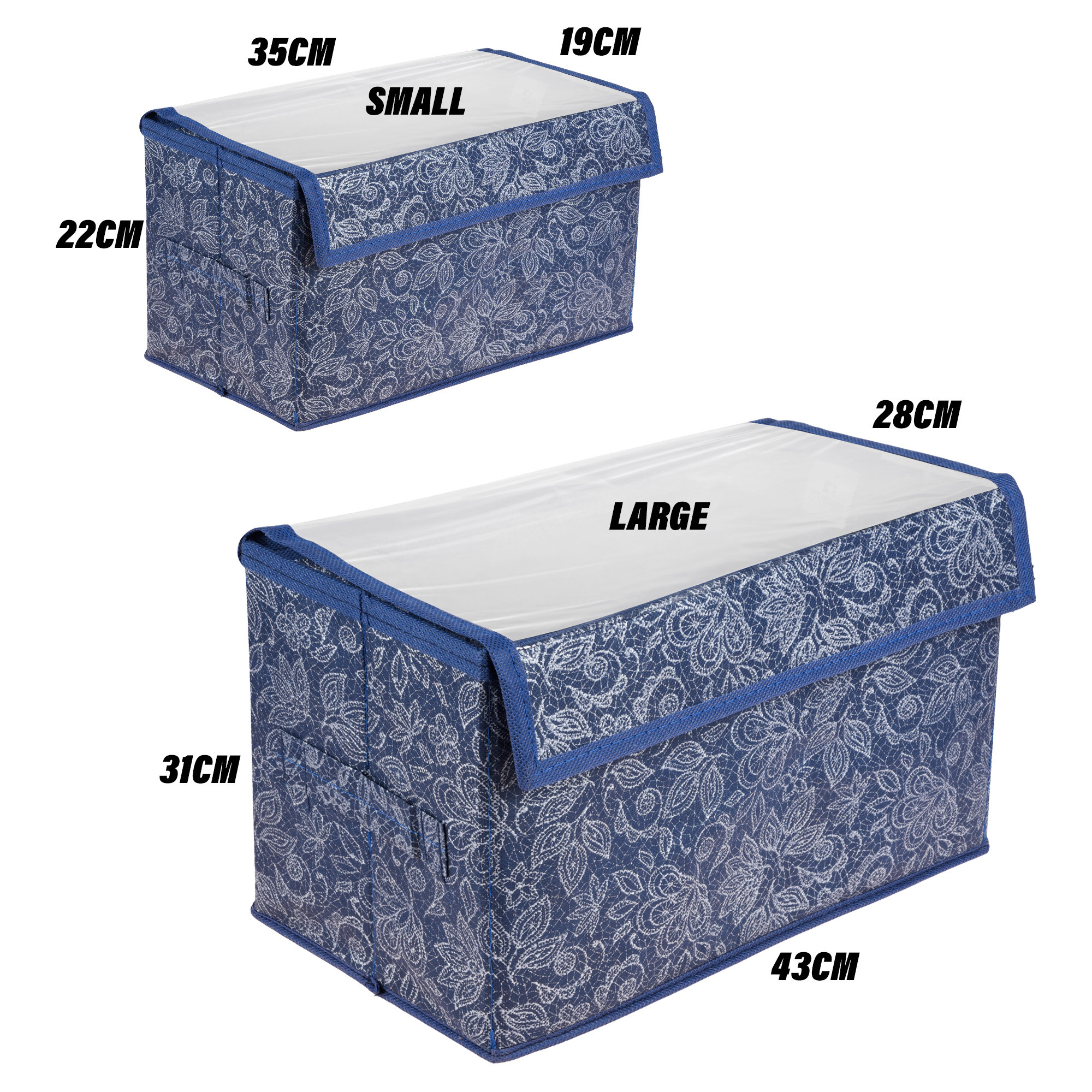 Kuber Industries Drawer Storage Box | Clothes Drawer Organizer with Handle | Transparent Lid with Velcro | Wardrobe Organizer for Books | Flower Printed Dhakkan Storage Box | S | L | Pack of 2 | Navy Blue