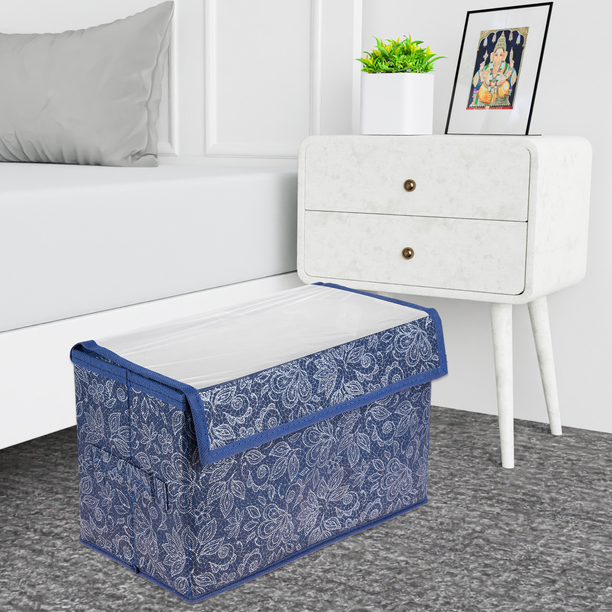 Kuber Industries Drawer Storage Box | Clothes Drawer Organizer with Handle | Transparent Lid with Velcro | Wardrobe Organizer for Books | Flower Printed Dhakkan Storage Box | M | L | Pack of 2 | Navy Blue