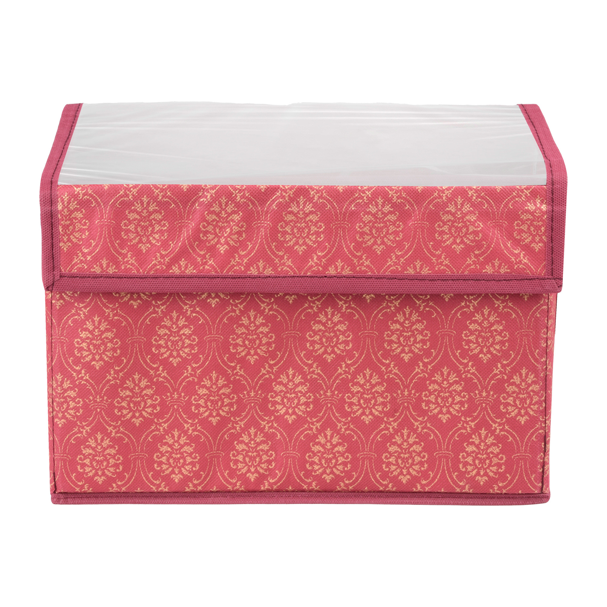 Kuber Industries Drawer Storage Box  Foldable Clothes Organizer  Drawer Box with Handle  Storage Bin for Books-Toys  Transparent Dhakkan with Velcro  Golden-Printed    Maroon