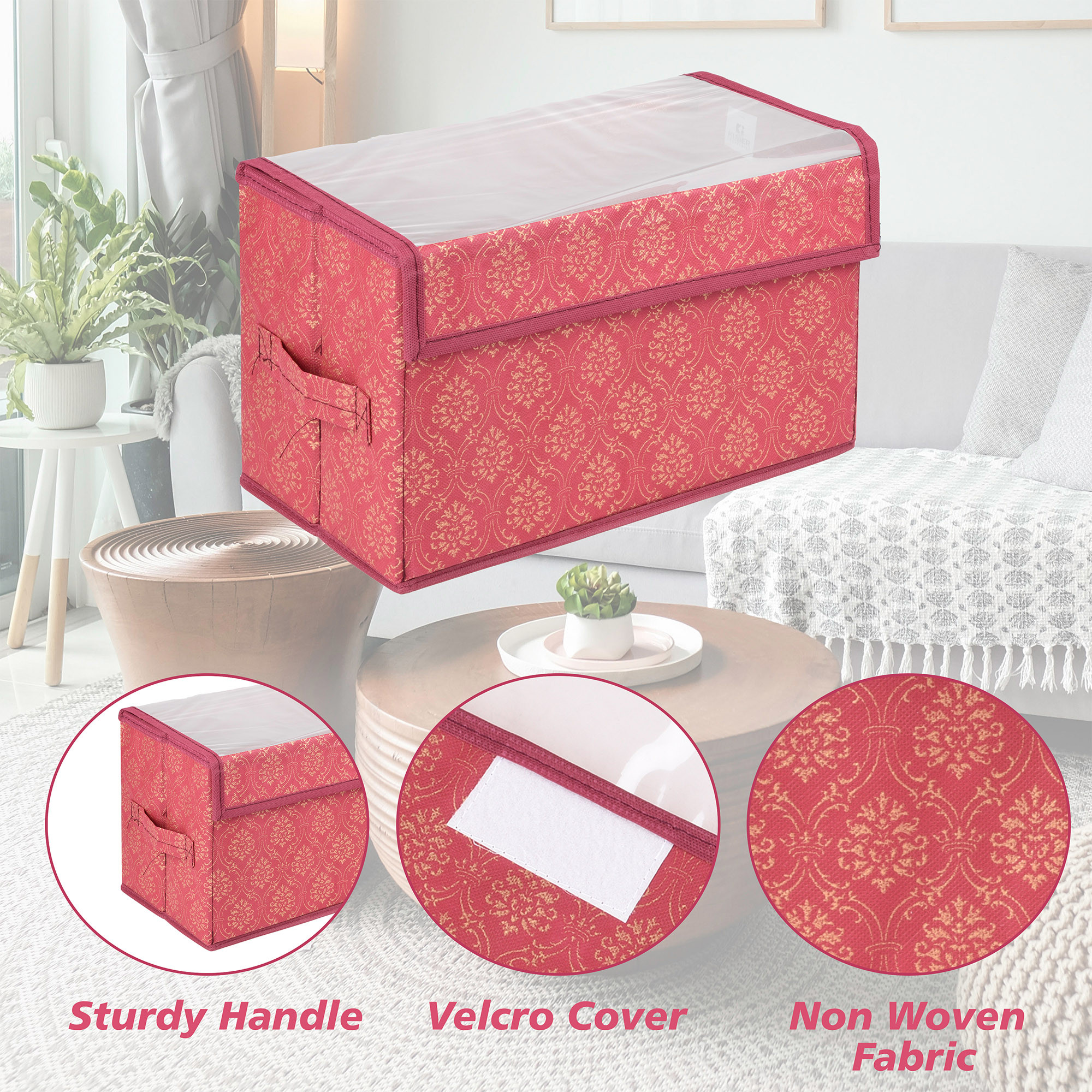 Kuber Industries Drawer Storage Box  Foldable Clothes Organizer  Drawer Box with Handle  Storage Bin for Books-Toys  Transparent Dhakkan with Velcro  Golden-Printed    Maroon